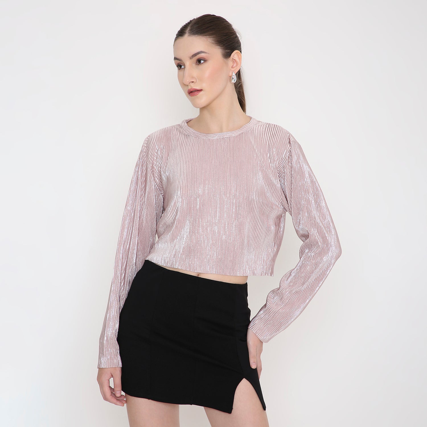 Women Crop Top in Pink Glitter Full-Sleeve