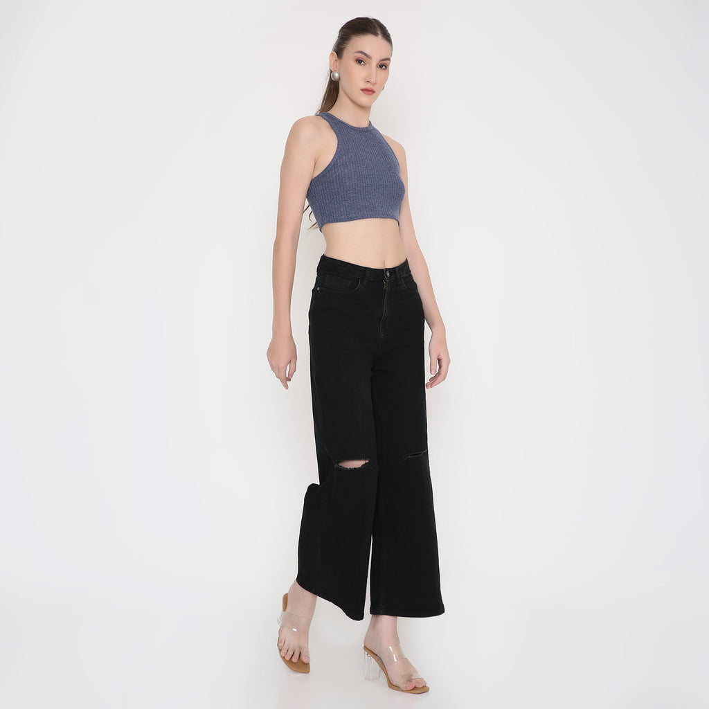 Women Tank Top in Navy Melange 2×2 Fabric