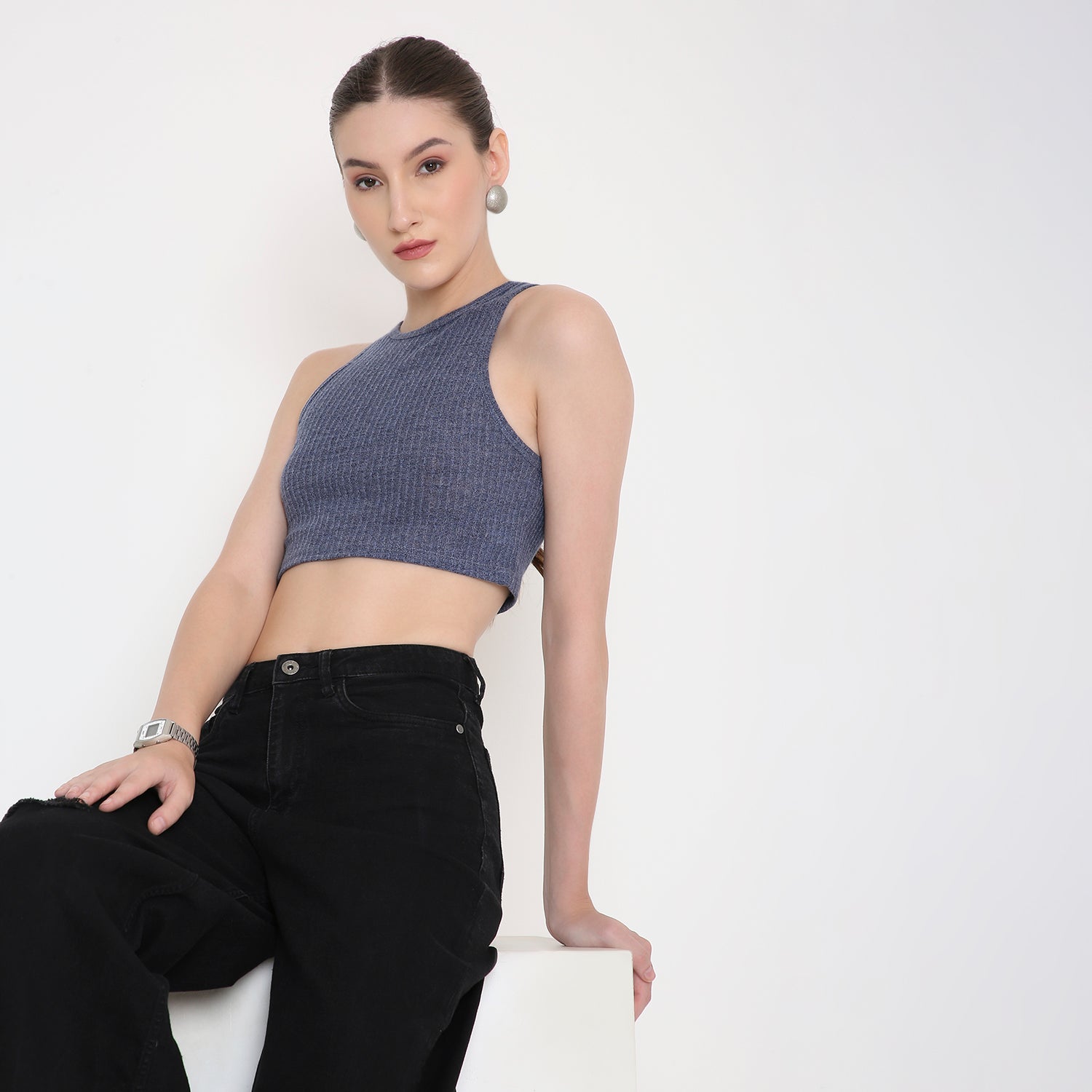 Women Tank Top in Navy Melange 2×2 Fabric