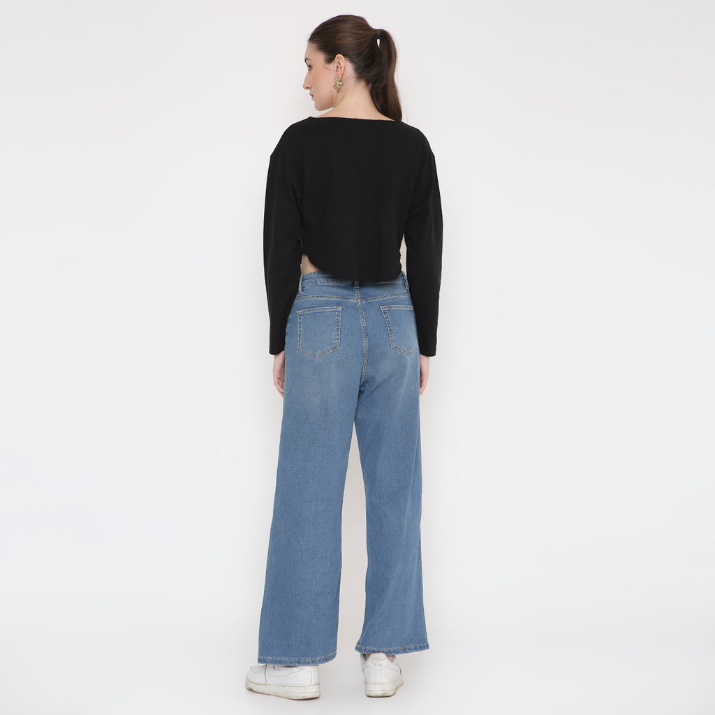 Black Round Neck Crop Top For Women