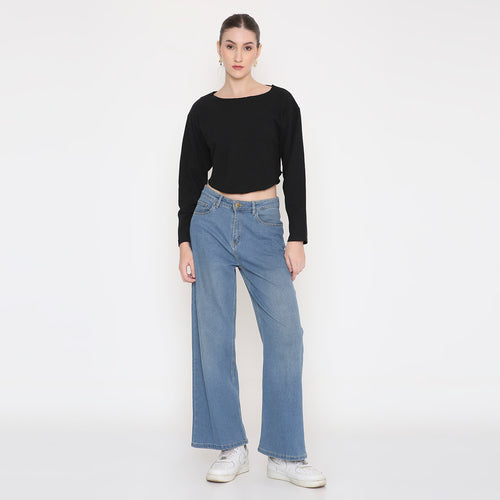 Black Round Neck Crop Top For Women