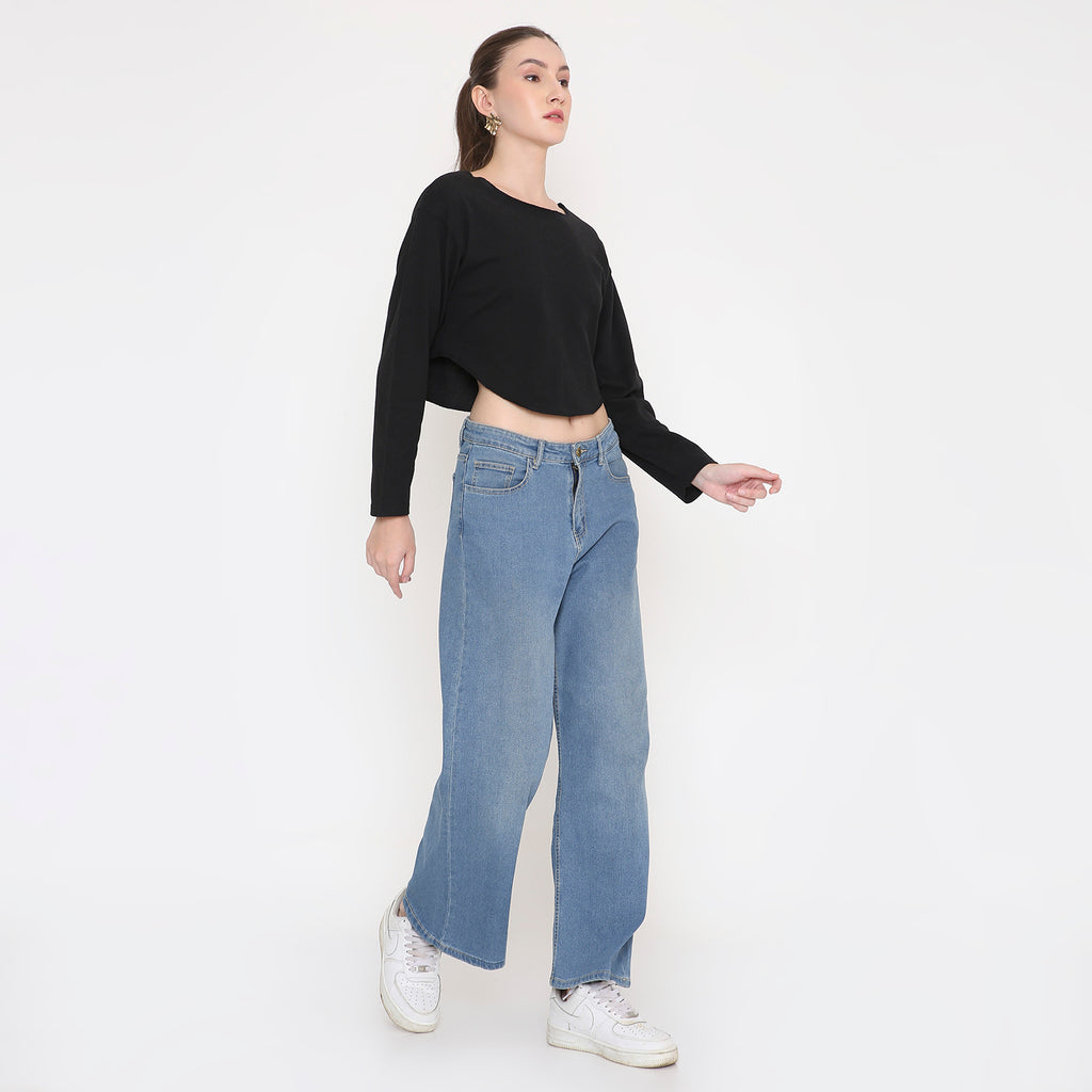 Black Round Neck Crop Top For Women