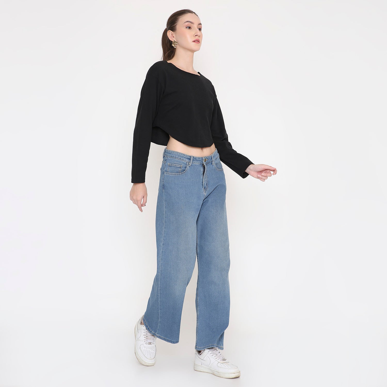 Black Round Neck Crop Top For Women