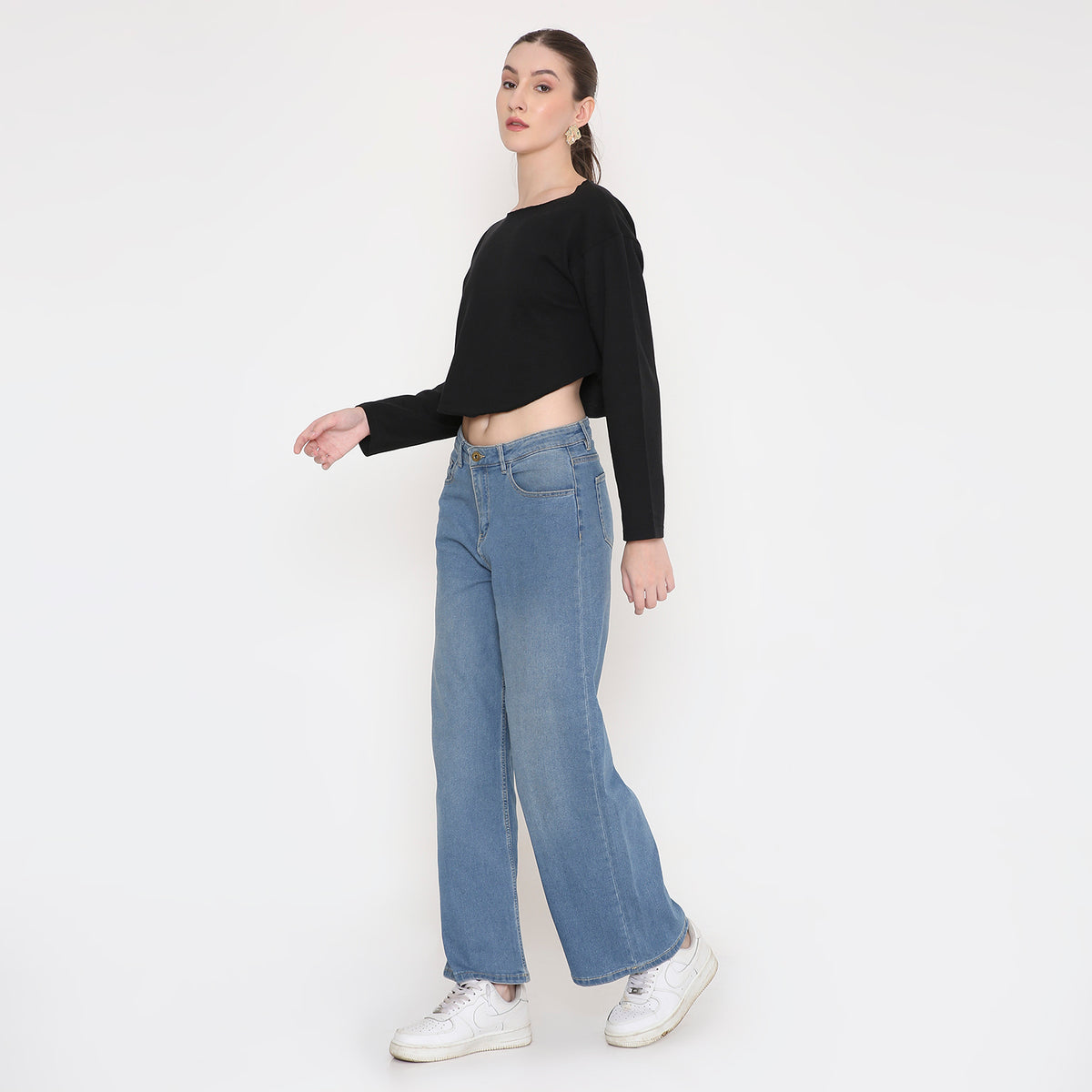 Black Round Neck Crop Top For Women