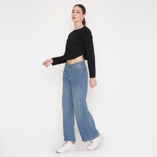 Black Round Neck Crop Top For Women