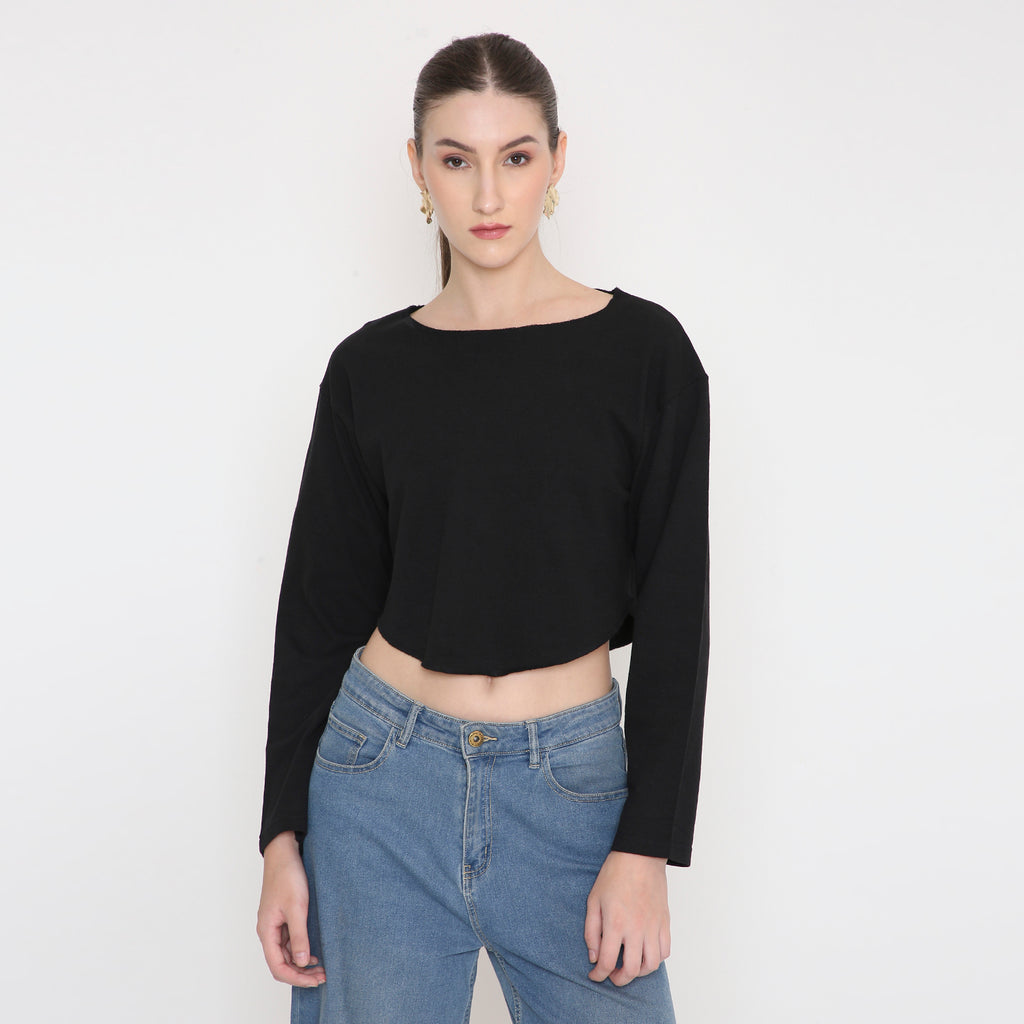 Black Round Neck Crop Top For Women