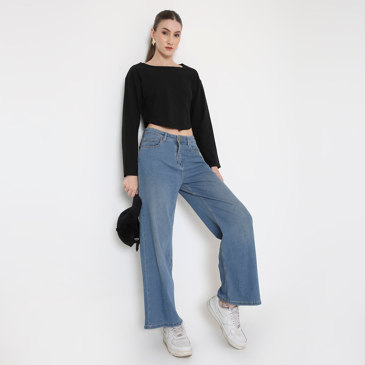 Black Round Neck Crop Top For Women