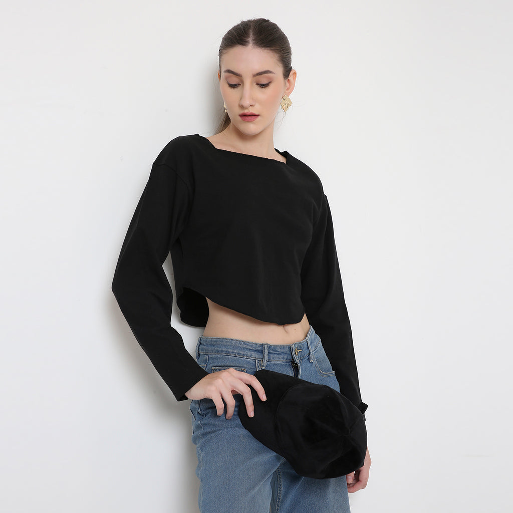 Black Round Neck Crop Top For Women