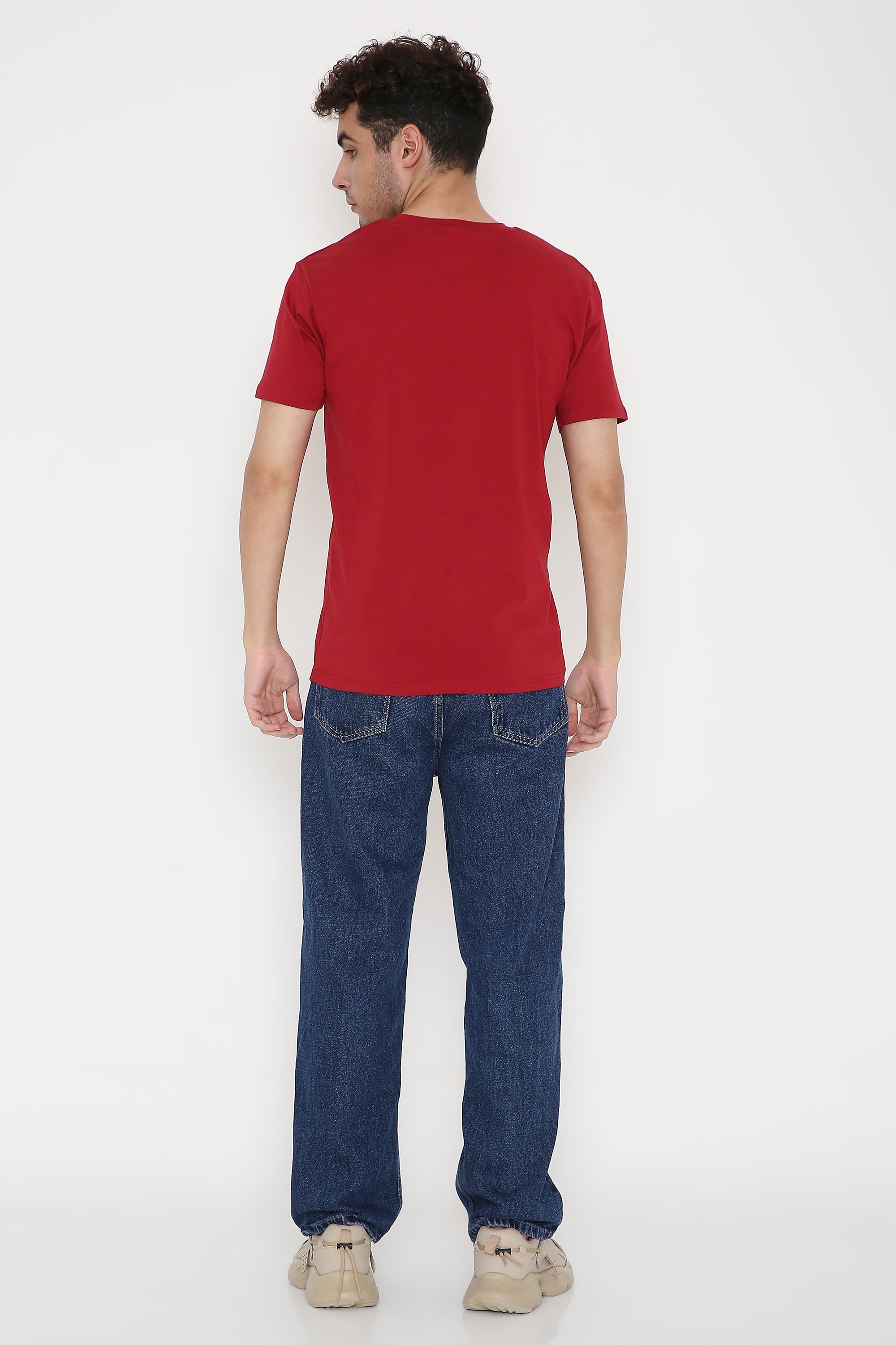 Plain V-Neck Half Sleeve Men's T-shirt in Red