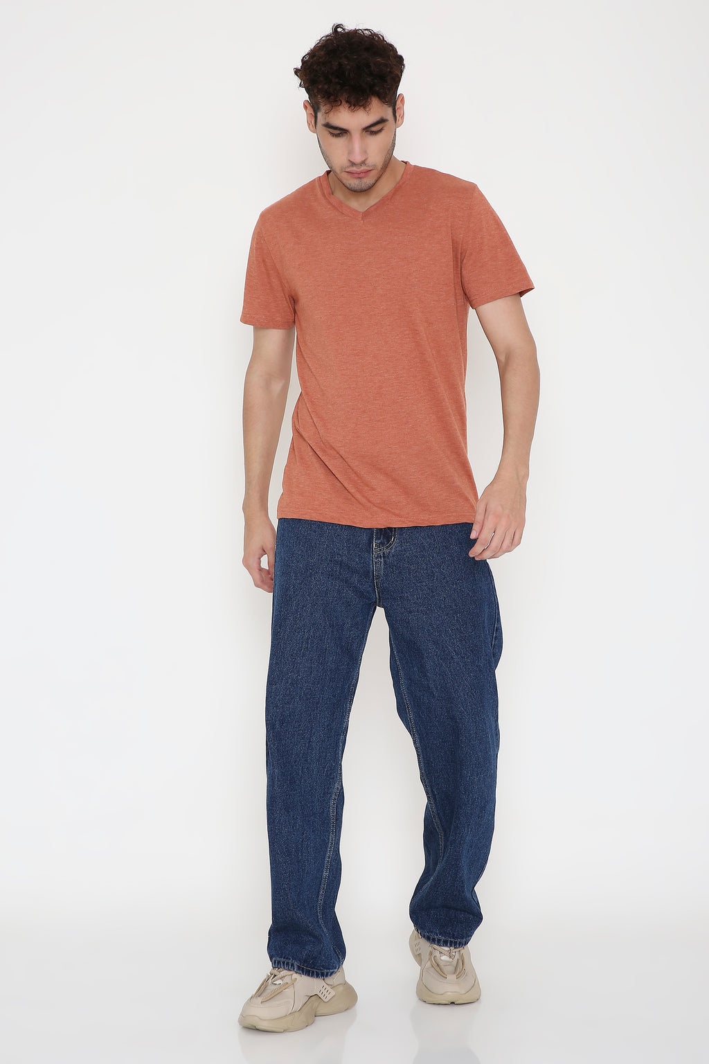 Plain V-Neck Half Sleeve Men's T-shirt in Rust Melange