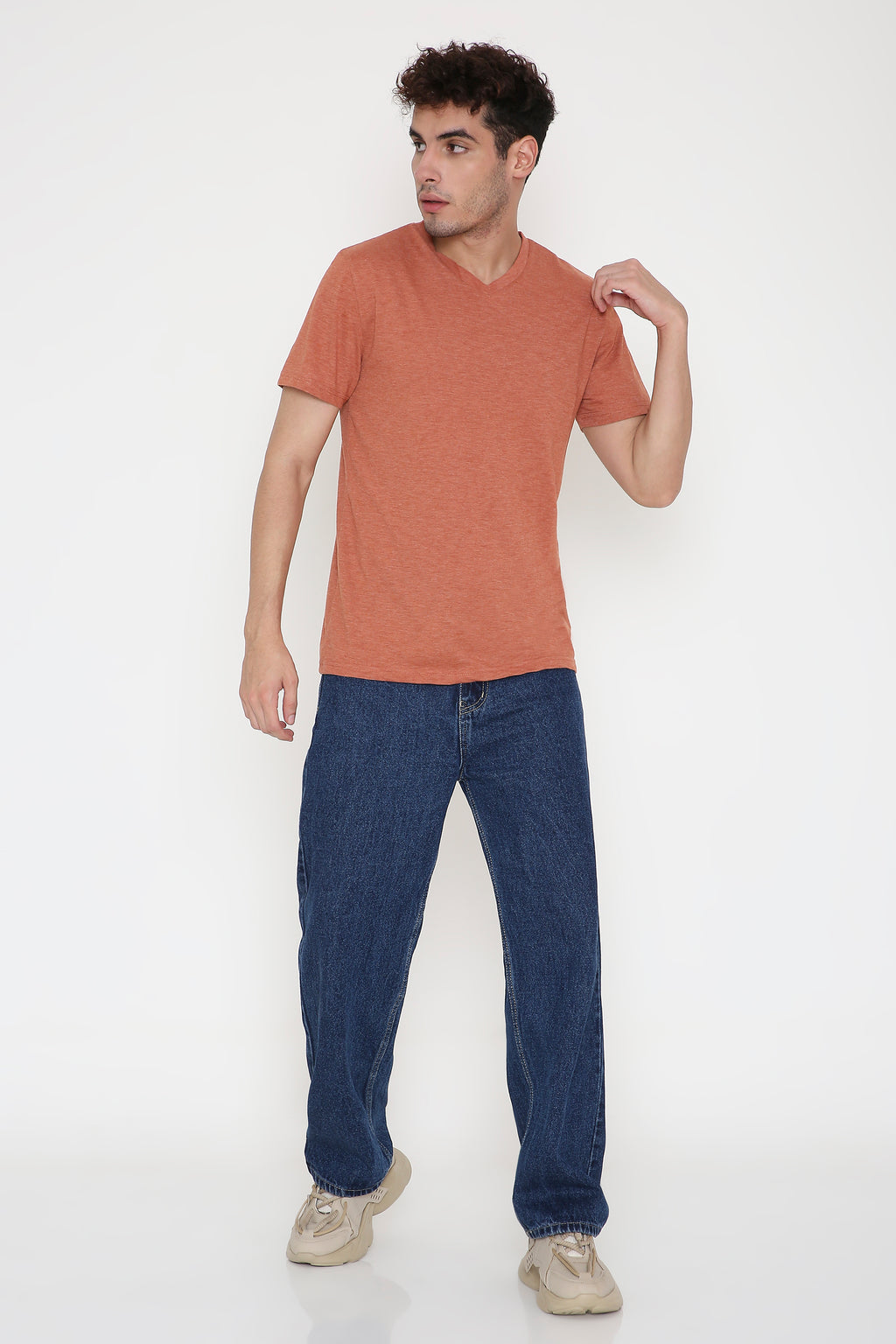 Plain V-Neck Half Sleeve Men's T-shirt in Rust Melange