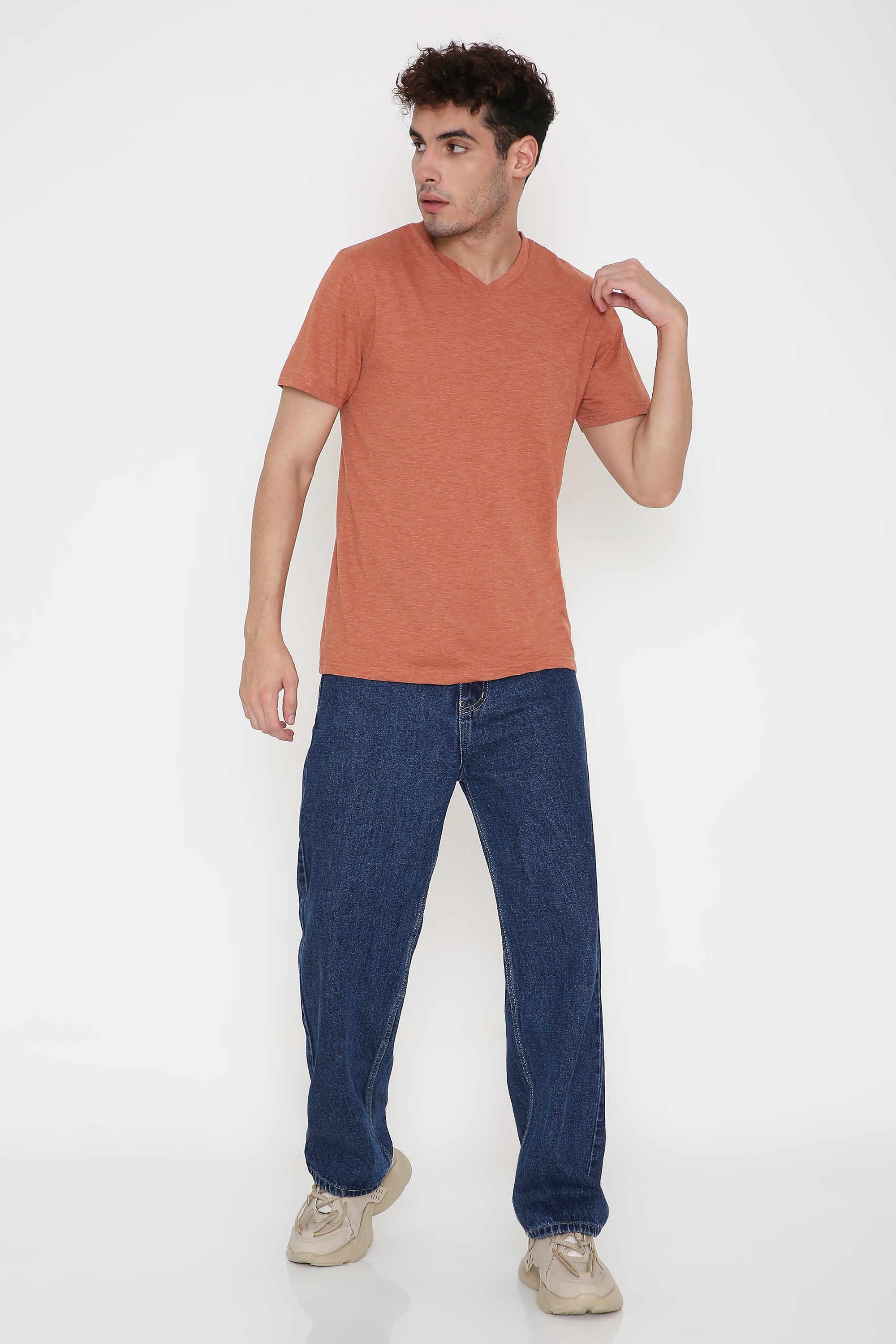 Plain V-Neck Half Sleeve Men's T-shirt in Rust Melange
