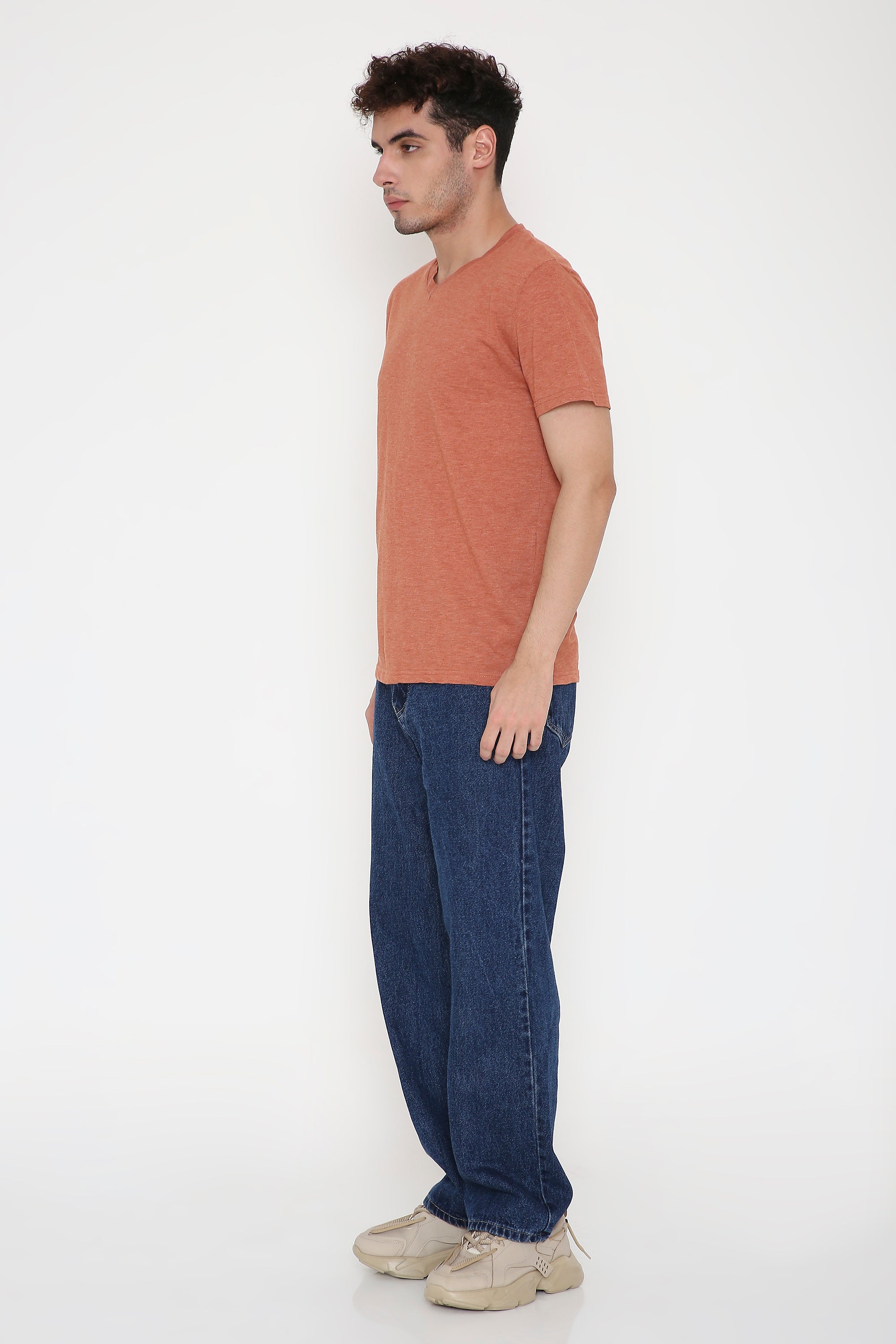 Plain V-Neck Half Sleeve Men's T-shirt in Rust Melange