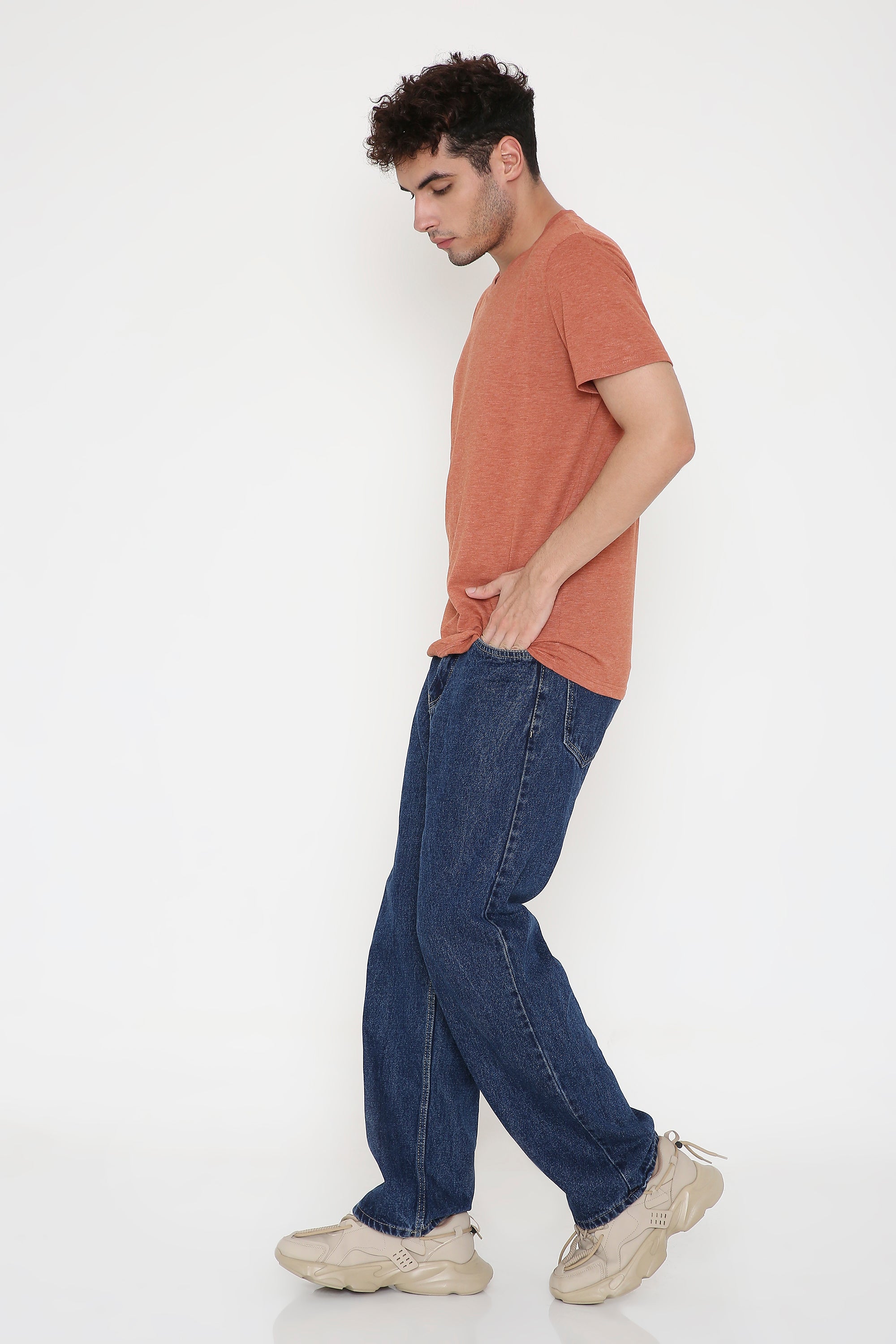 Plain V-Neck Half Sleeve Men's T-shirt in Rust Melange