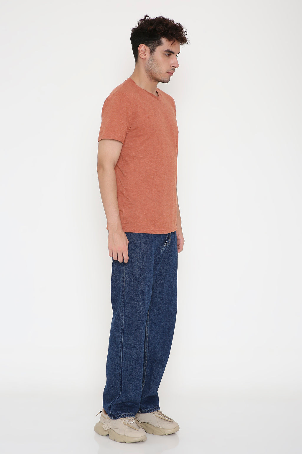 Plain V-Neck Half Sleeve Men's T-shirt in Rust Melange
