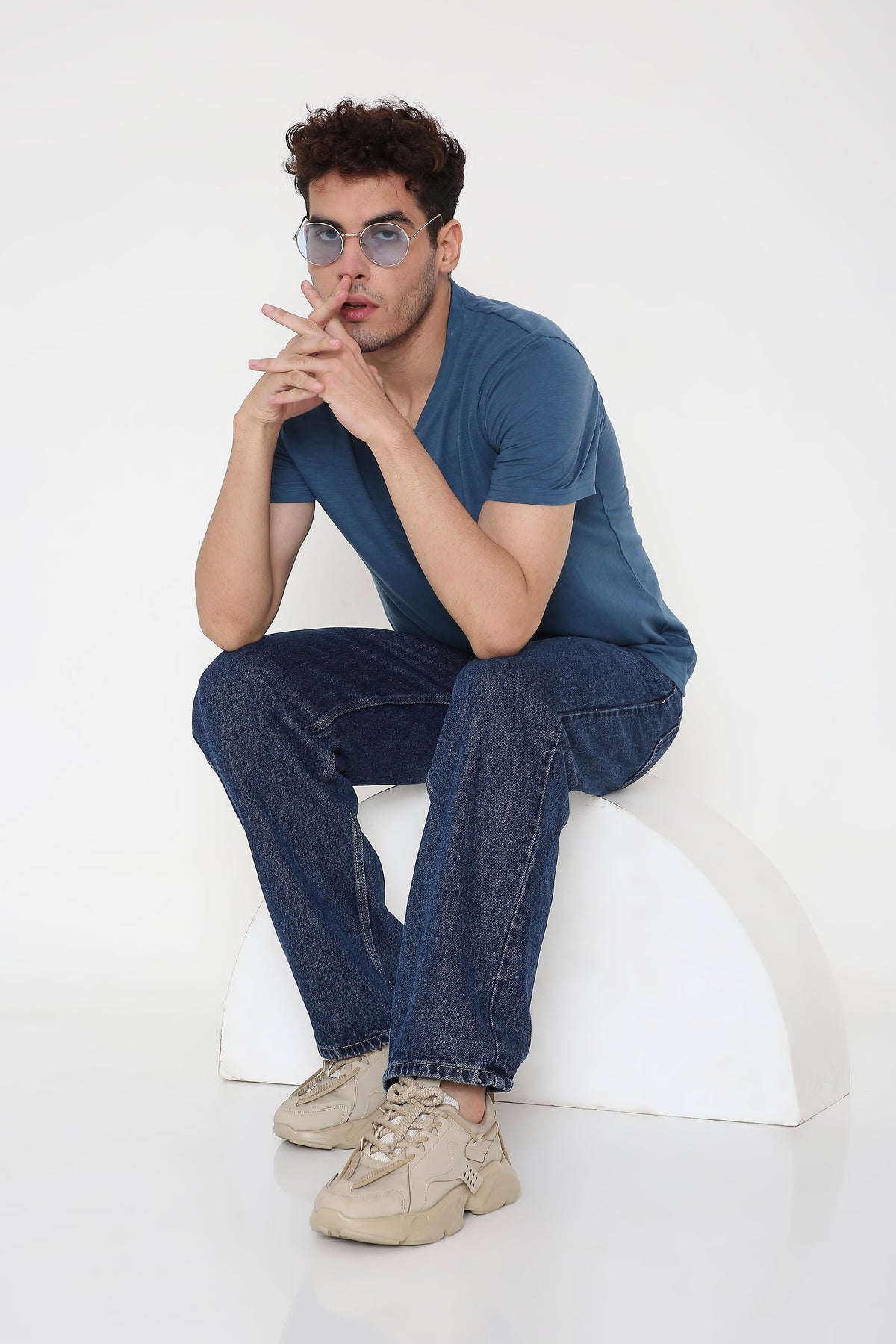 Plain V-Neck Half Sleeve Men's T-shirt in Navy Blue