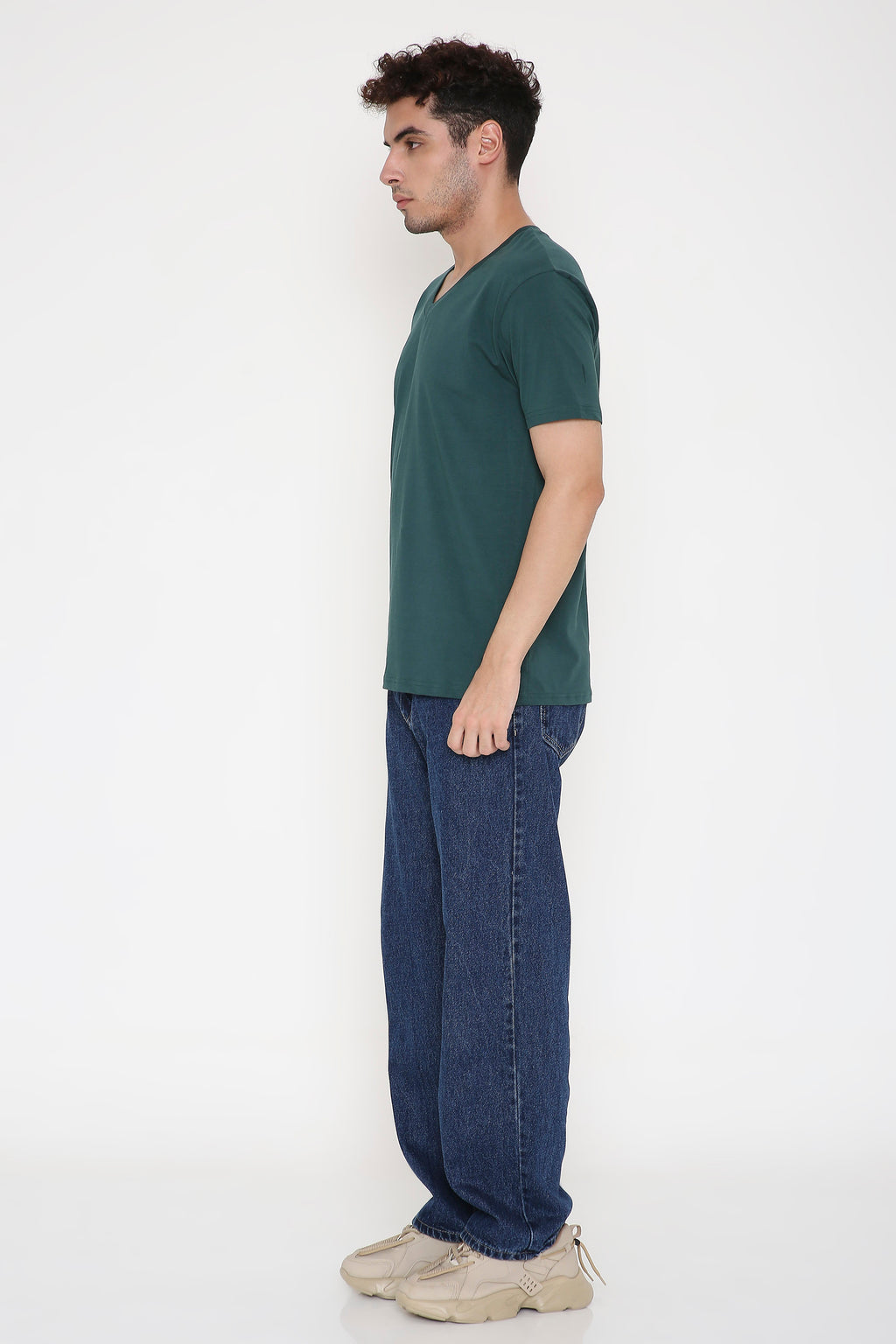 Plain V-Neck Half Sleeve Men's T-shirt in Dark Green