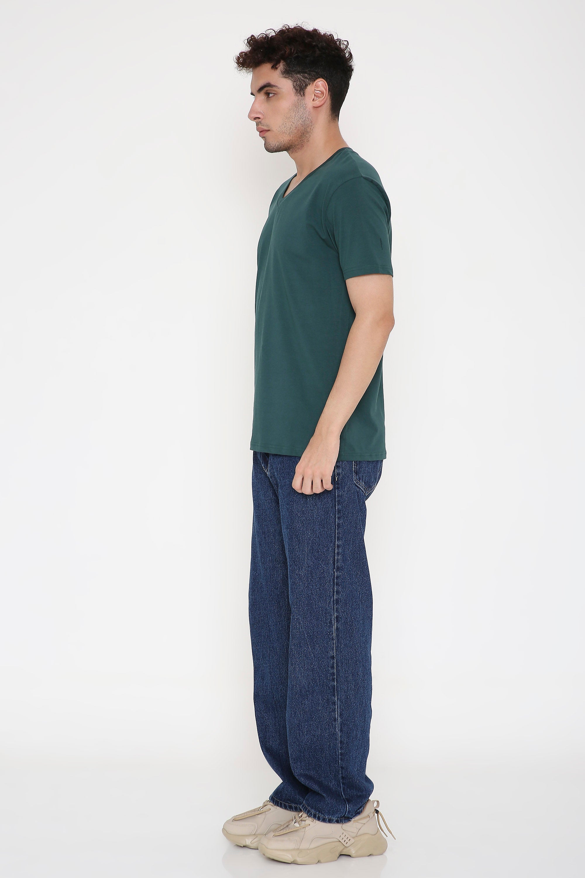 Plain V-Neck Half Sleeve Men's T-shirt in Dark Green