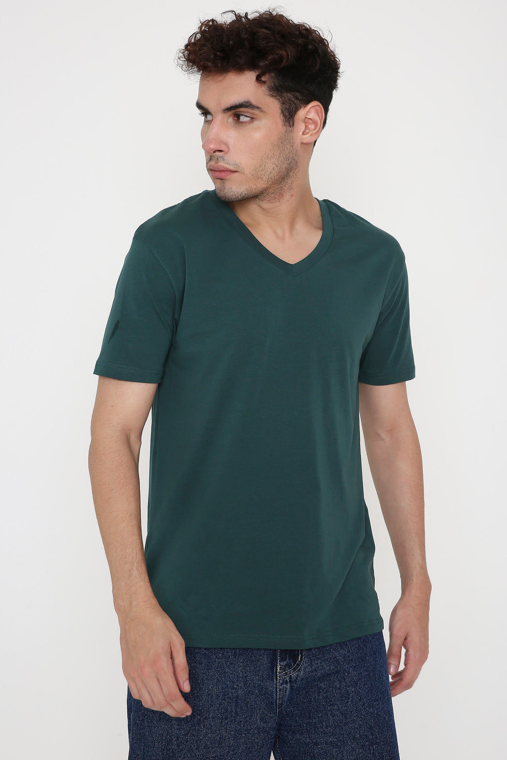 Plain V-Neck Half Sleeve Men's T-shirt in Dark Green
