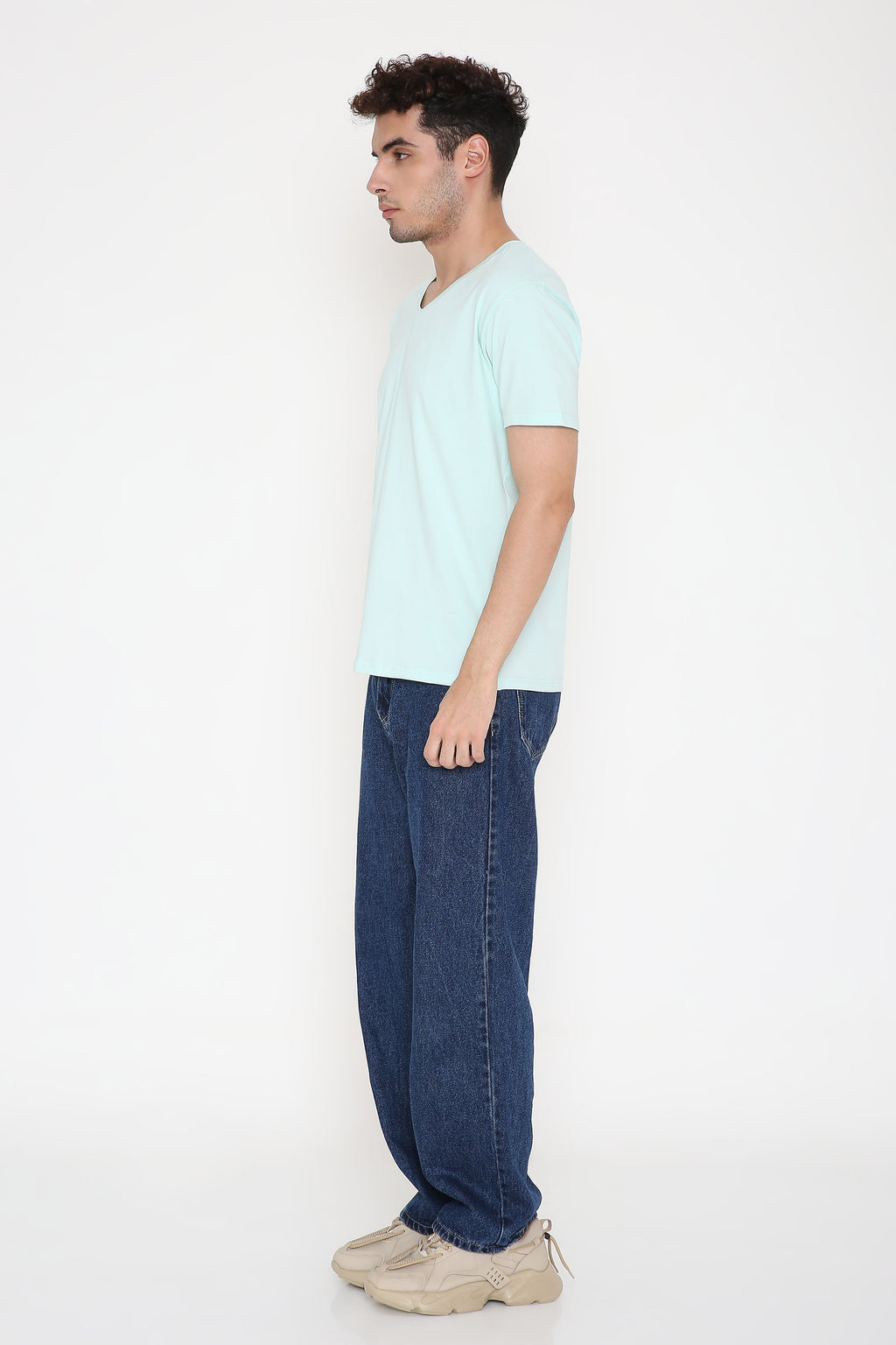 Plain V-Neck Half Sleeve Men's T-shirt in Mint Green