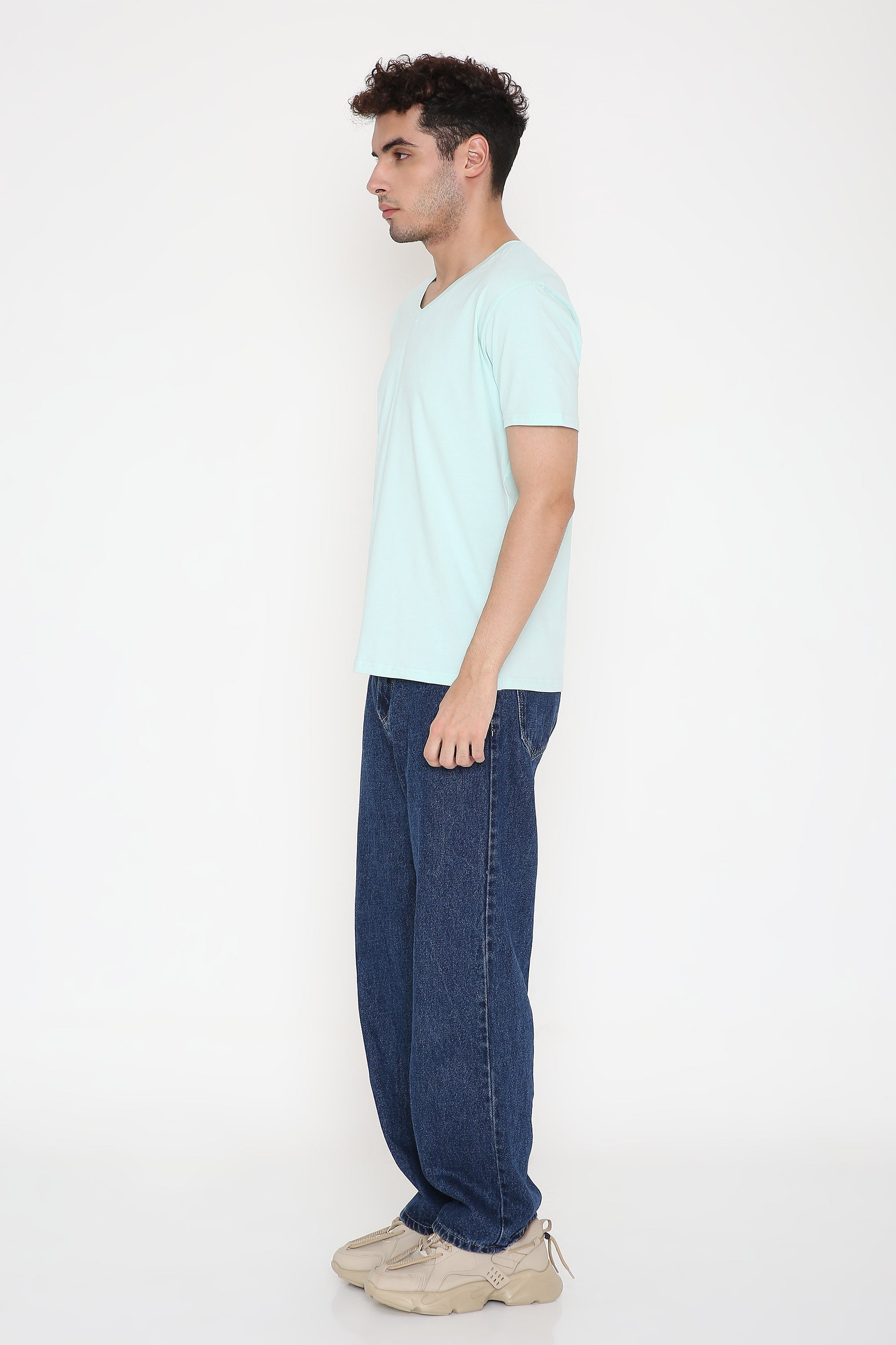 Plain V-Neck Half Sleeve Men's T-shirt in Mint Green