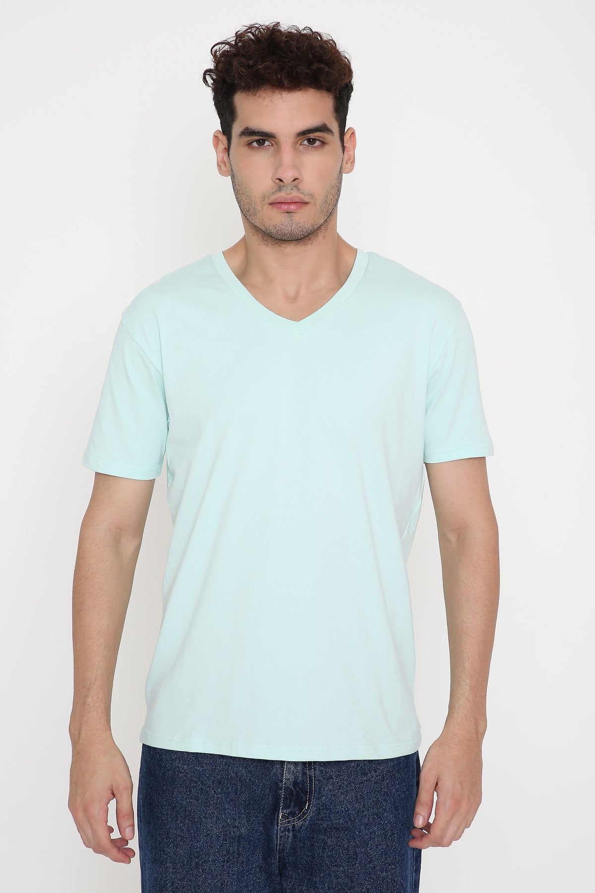 Plain V-Neck Half Sleeve Men's T-shirt in Mint Green