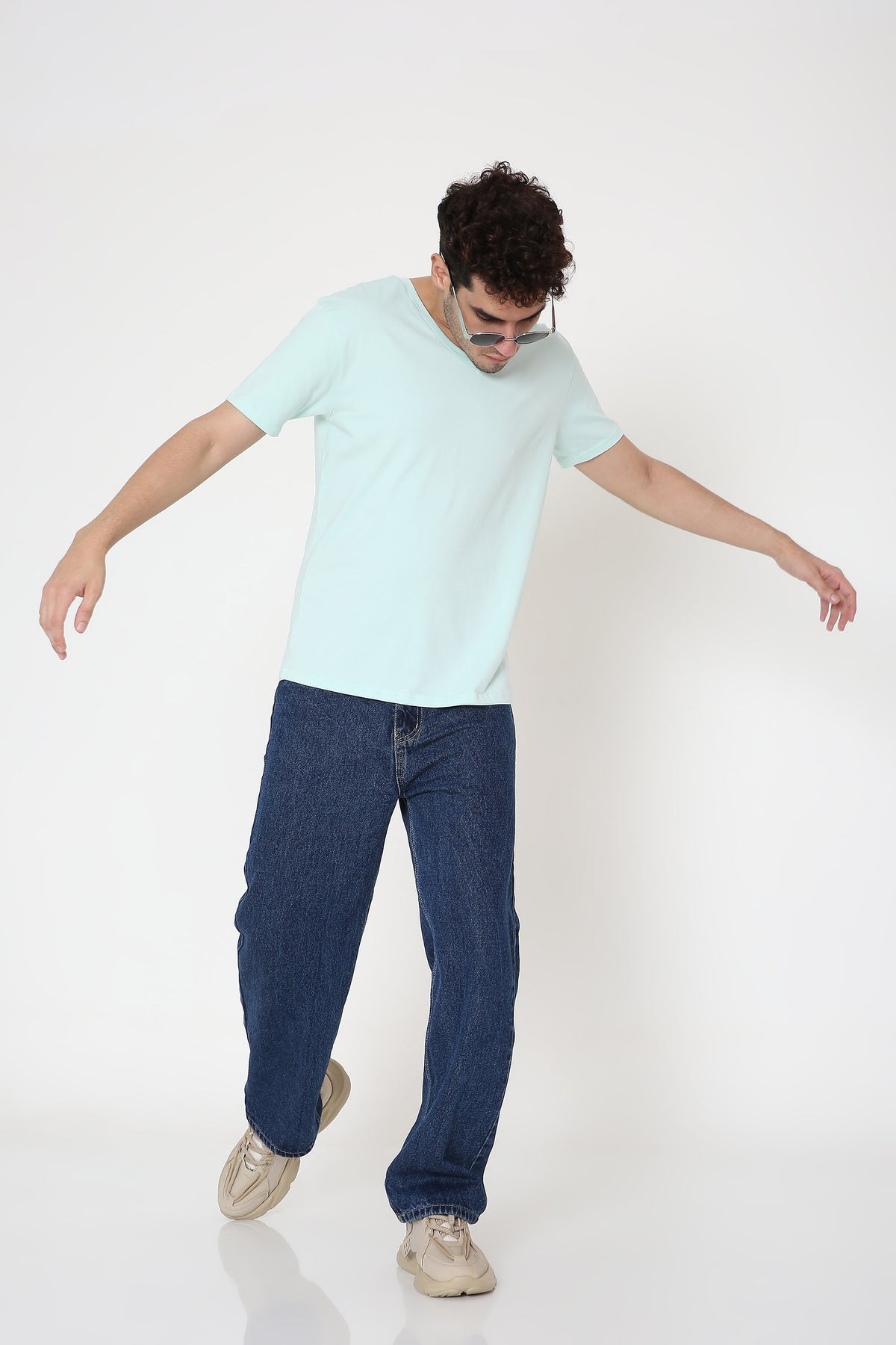 Plain V-Neck Half Sleeve Men's T-shirt in Mint Green