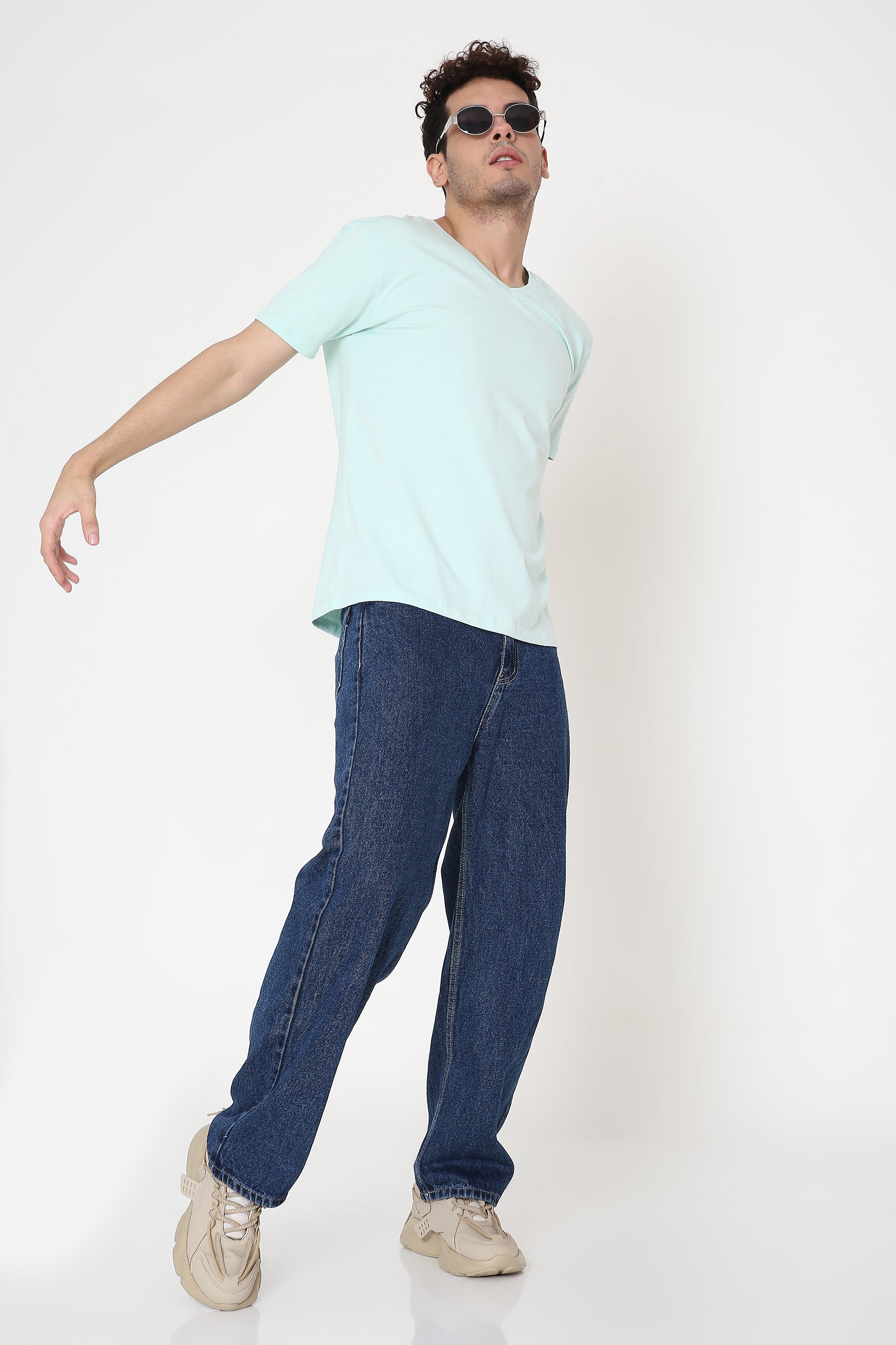 Plain V-Neck Half Sleeve Men's T-shirt in Mint Green