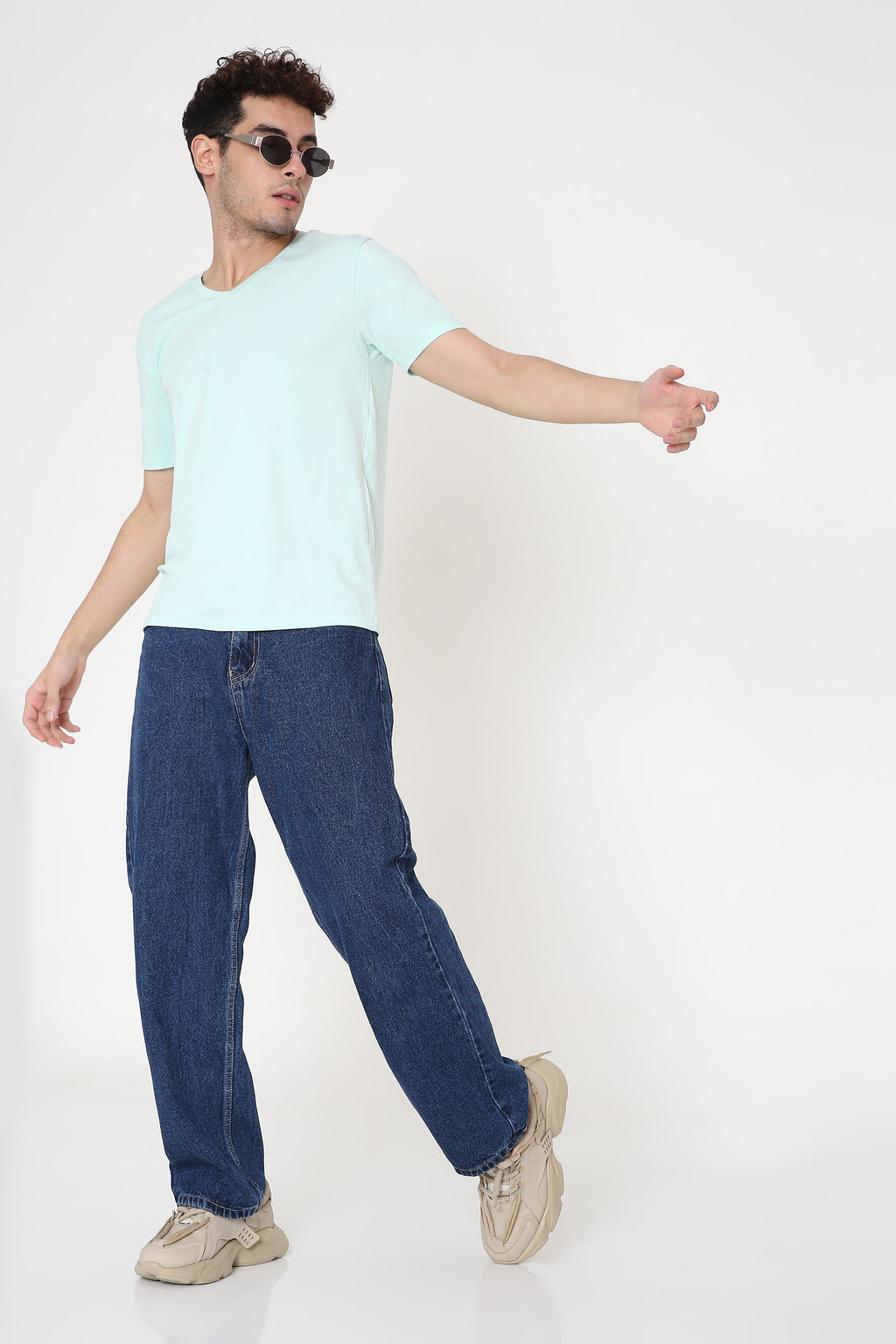 Plain V-Neck Half Sleeve Men's T-shirt in Mint Green