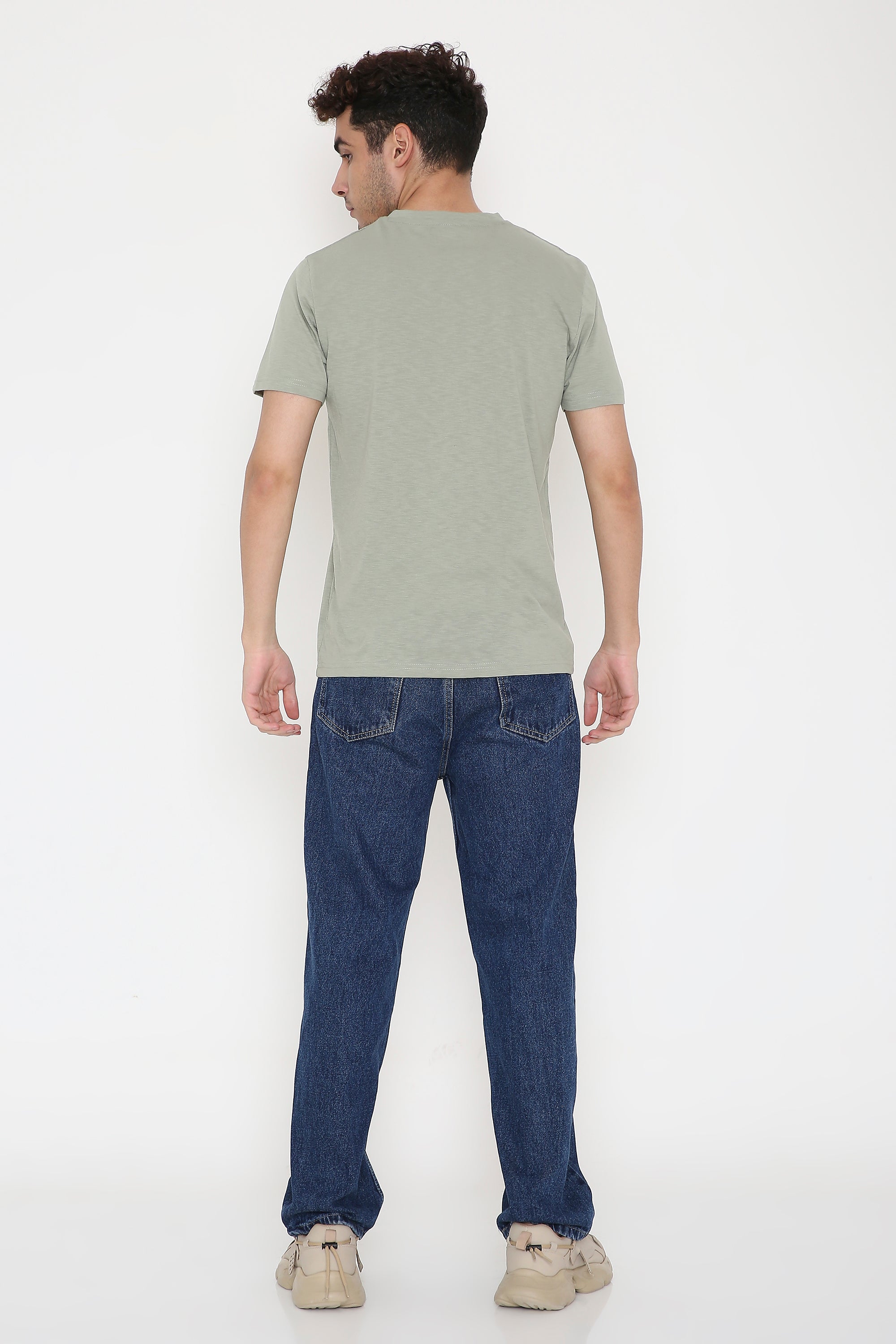 Plain V-Neck Half Sleeve Men's T-shirt in Olive Green