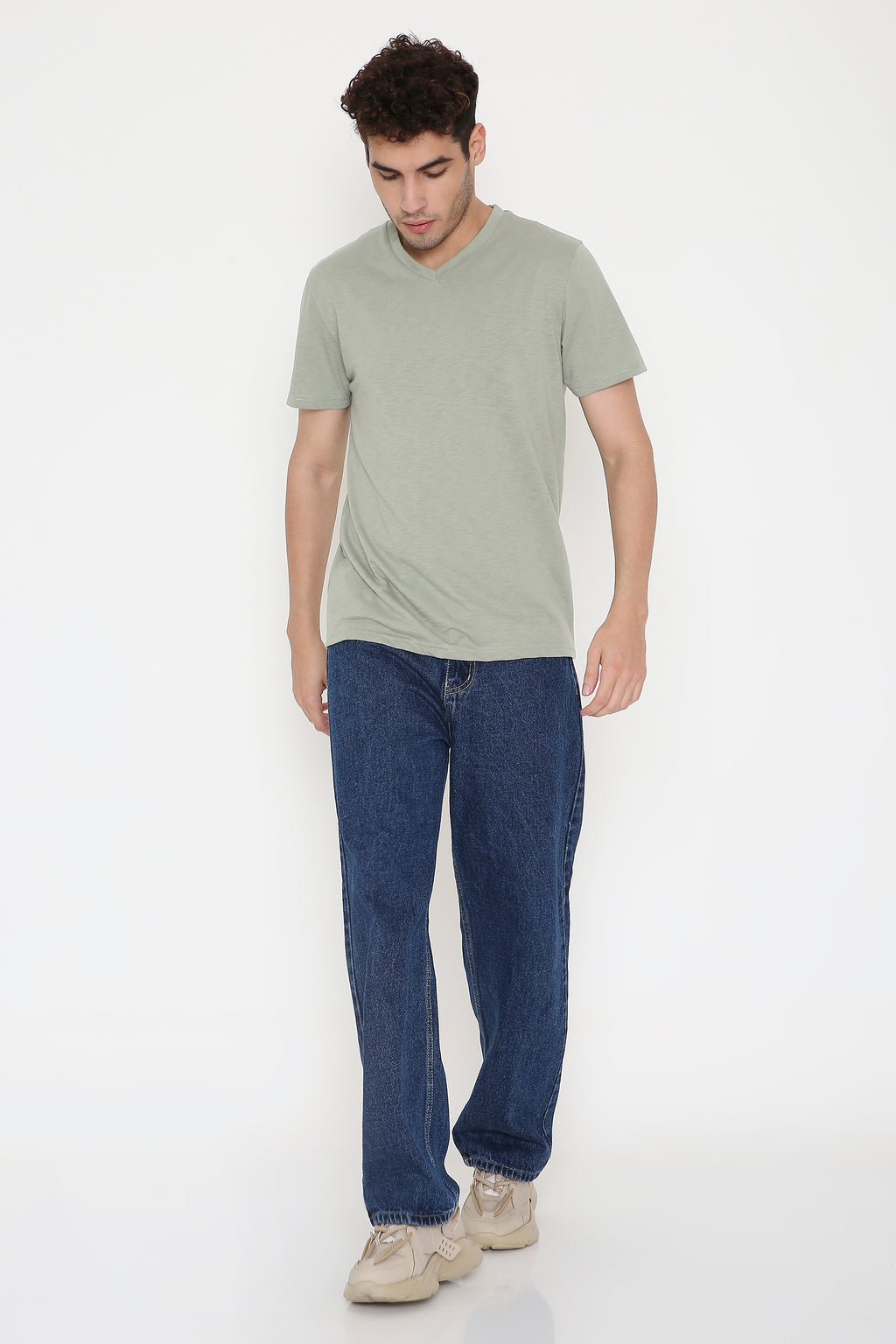 Plain V-Neck Half Sleeve Men's T-shirt in Olive Green
