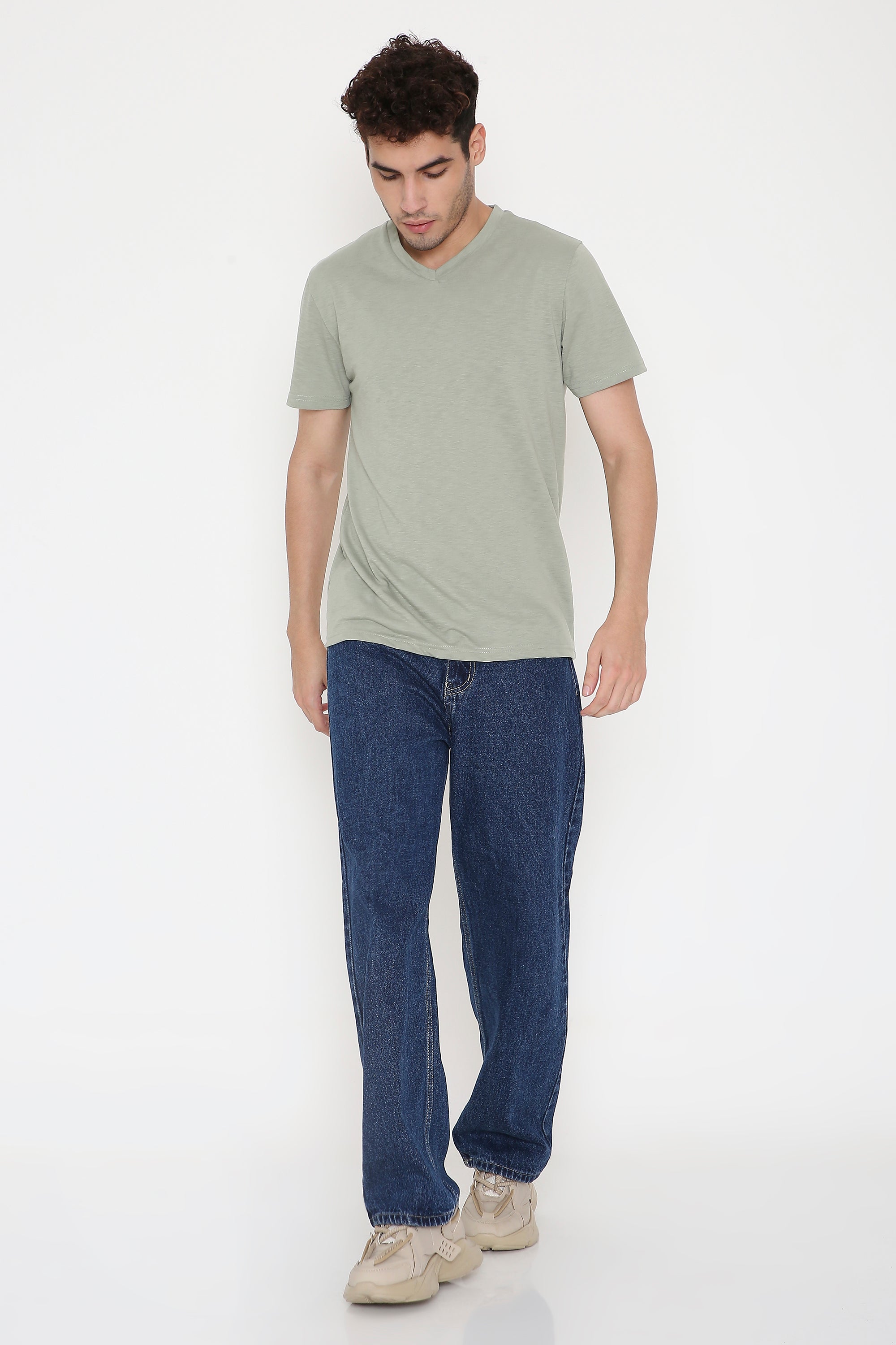 Plain V-Neck Half Sleeve Men's T-shirt in Olive Green