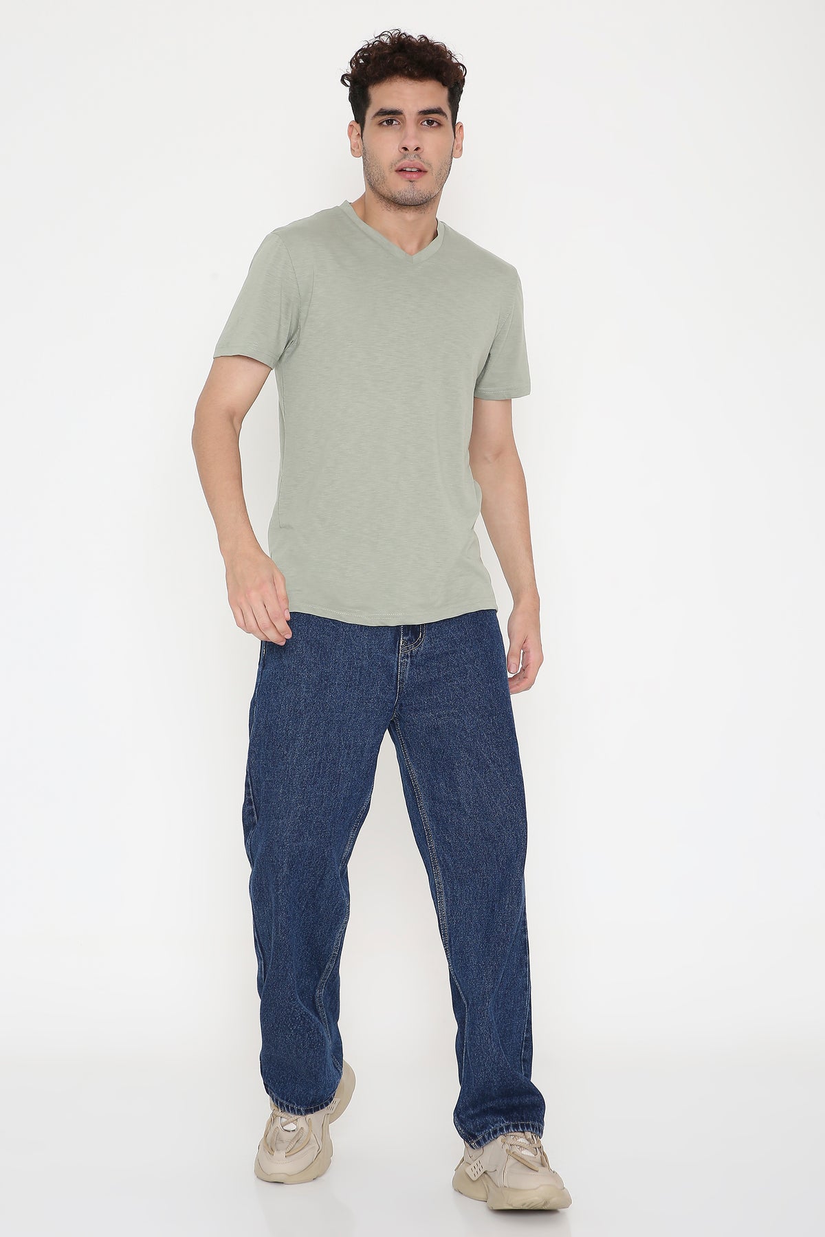 Plain V-Neck Half Sleeve Men's T-shirt in Olive Green
