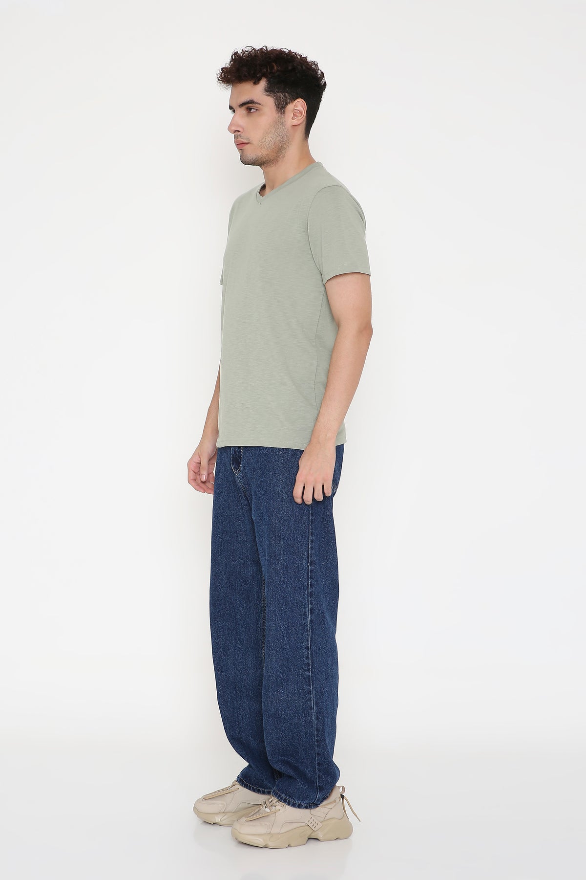 Plain V-Neck Half Sleeve Men's T-shirt in Olive Green