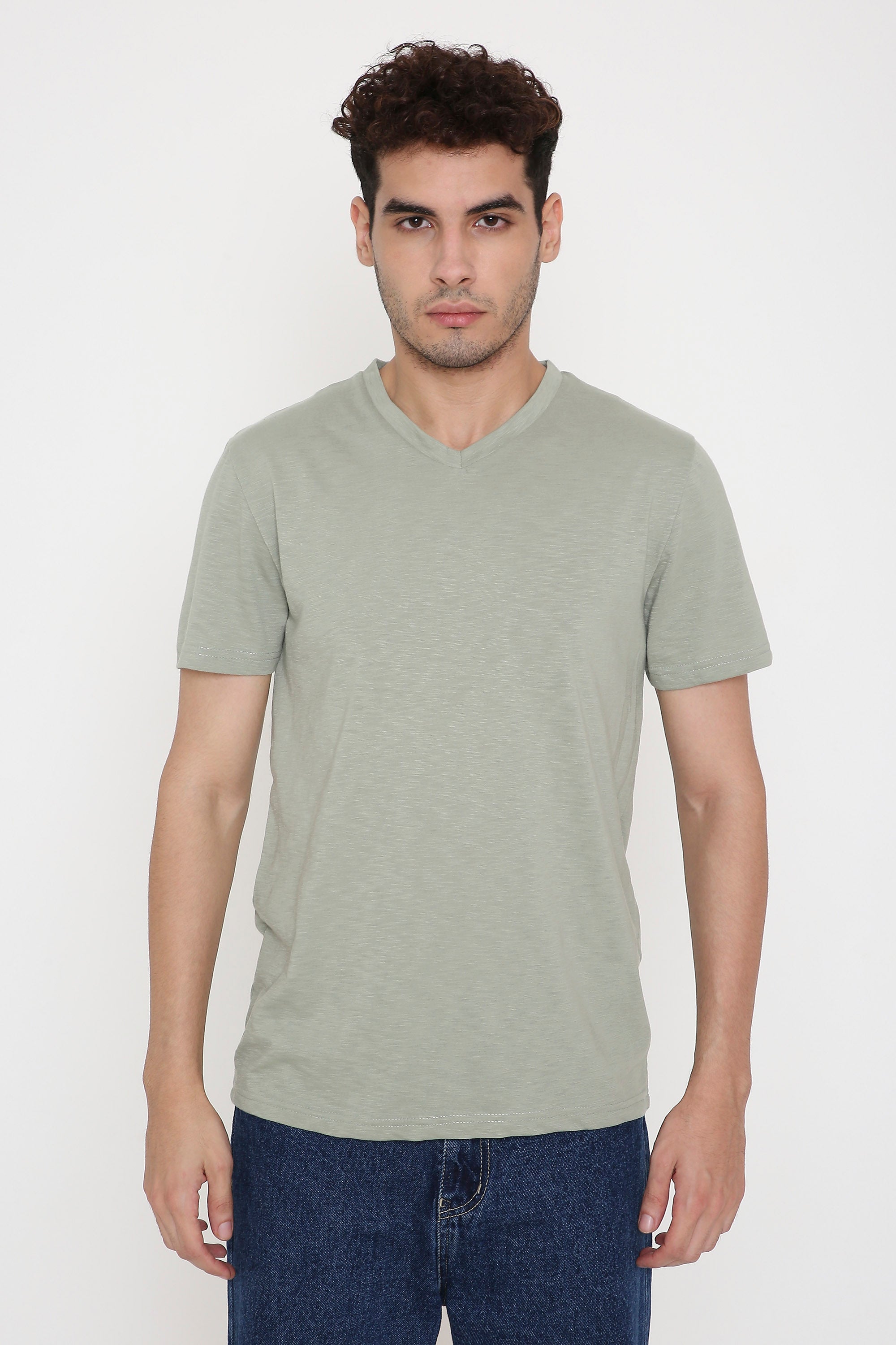 Plain V-Neck Half Sleeve Men's T-shirt in Olive Green