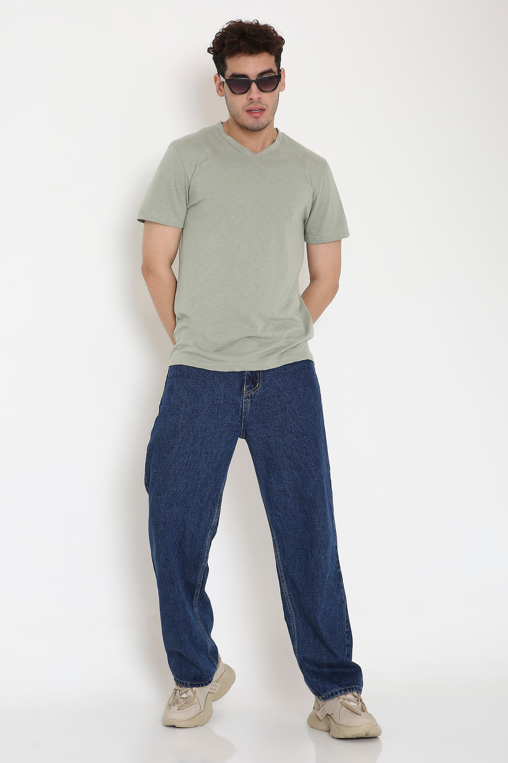 Plain V-Neck Half Sleeve Men's T-shirt in Olive Green