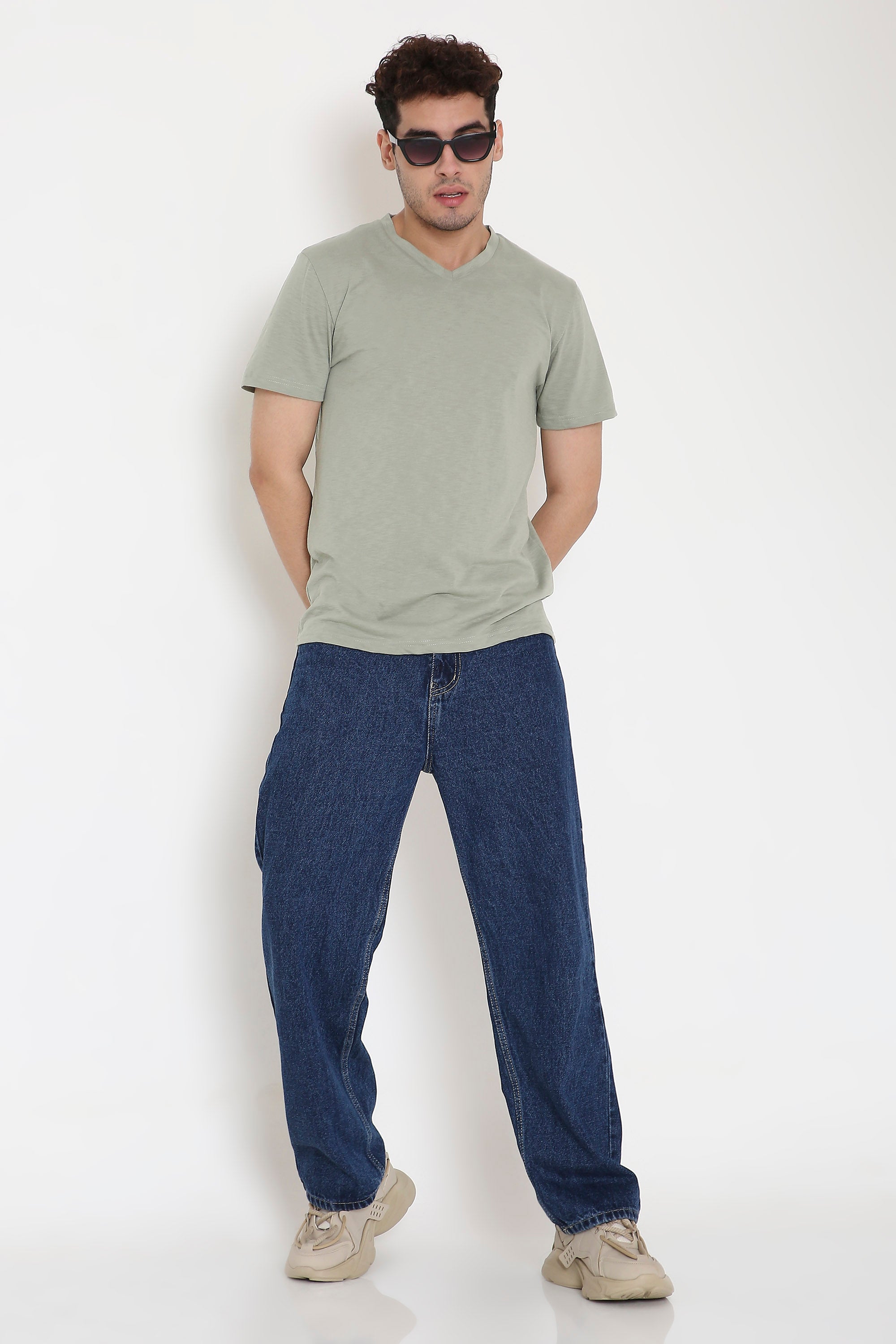 Plain V-Neck Half Sleeve Men's T-shirt in Olive Green