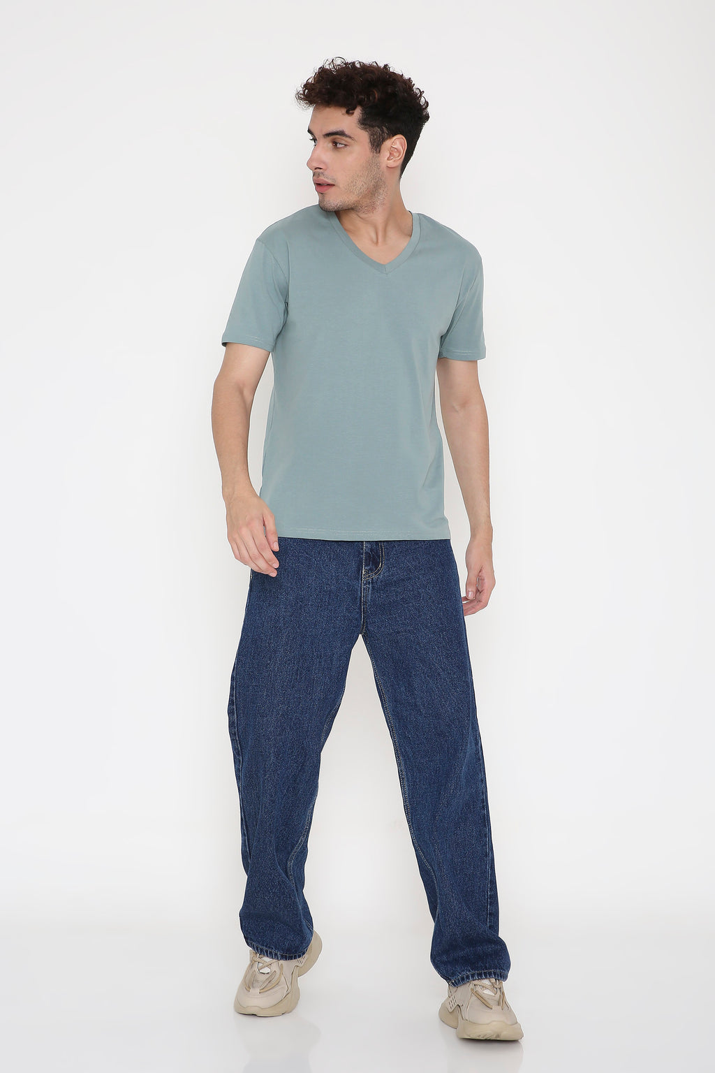 Plain V-Neck Half Sleeve Men's T-shirt in Teal Green