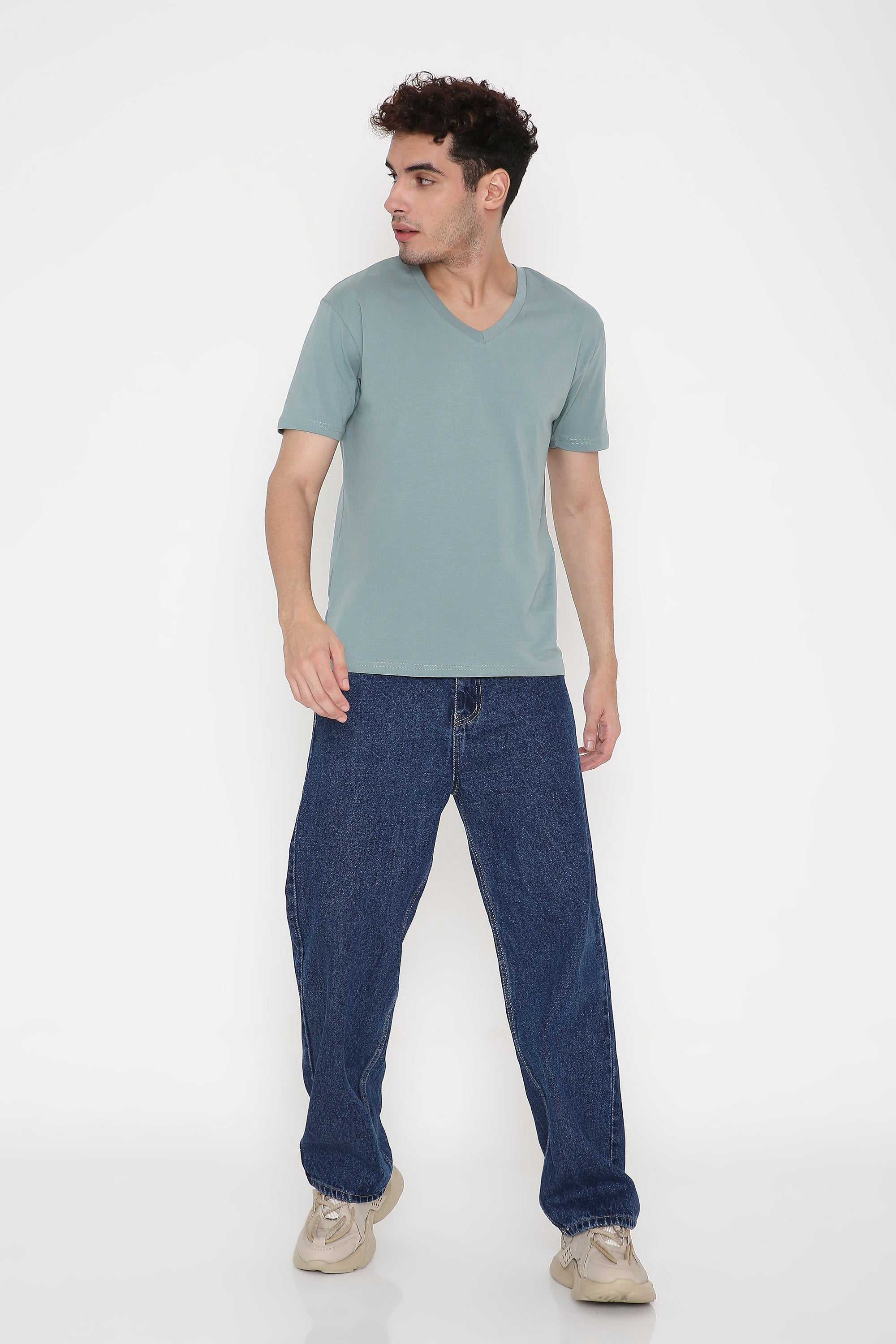 Plain V-Neck Half Sleeve Men's T-shirt in Teal Green