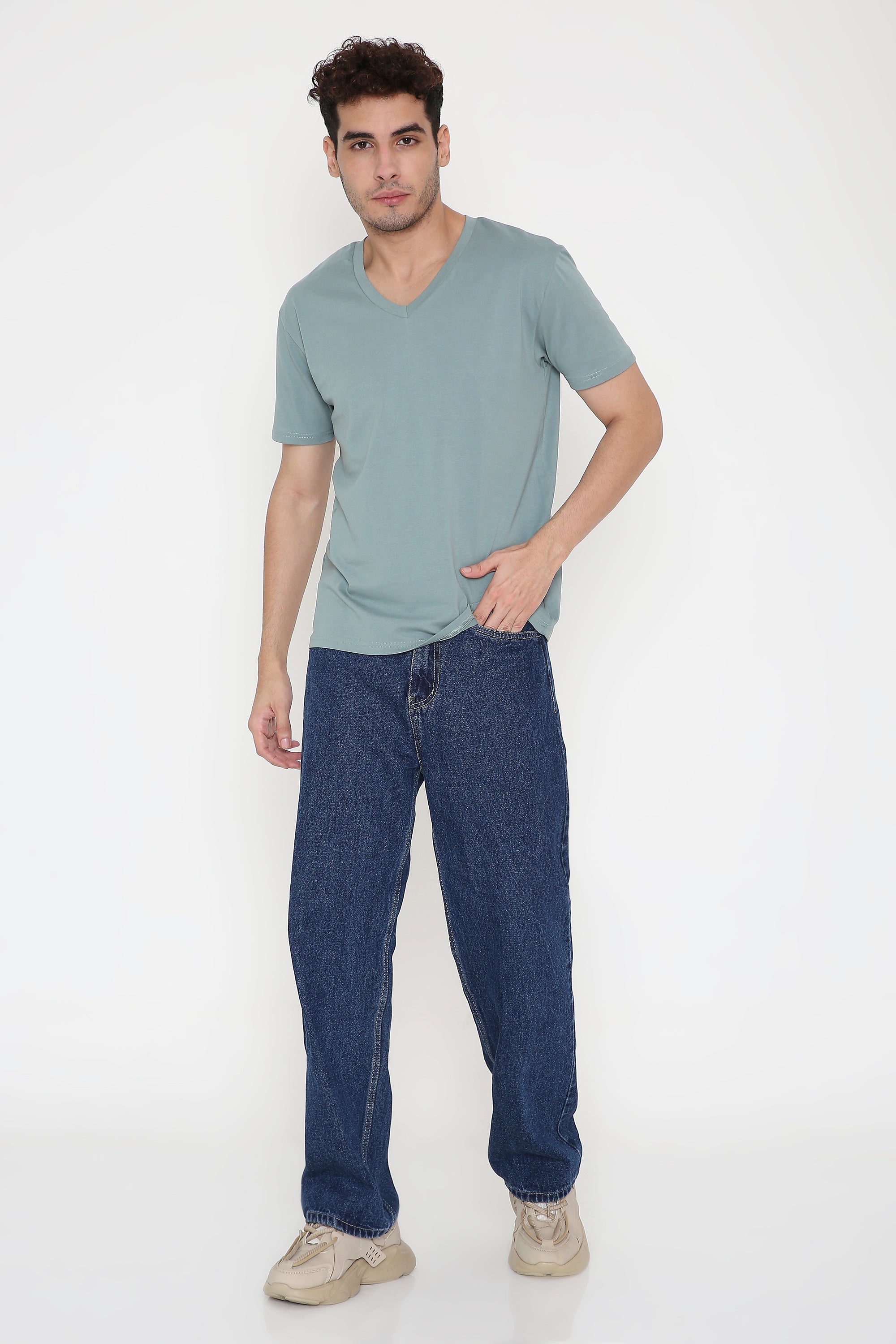 Plain V-Neck Half Sleeve Men's T-shirt in Teal Green