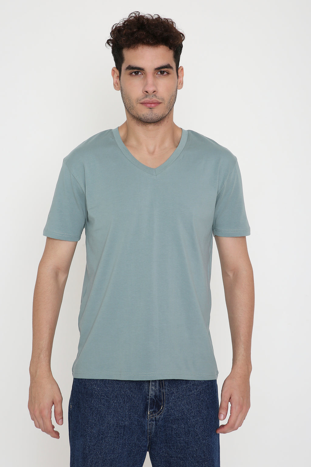 Plain V-Neck Half Sleeve Men's T-shirt in Teal Green