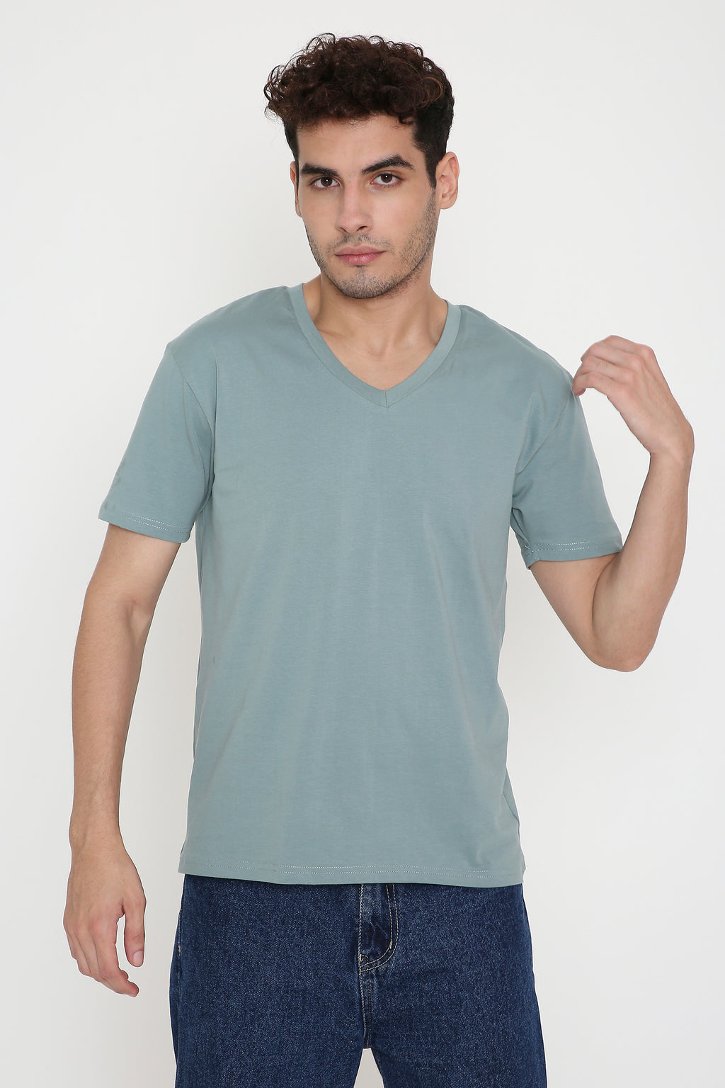 Plain V-Neck Half Sleeve Men's T-shirt in Teal Green