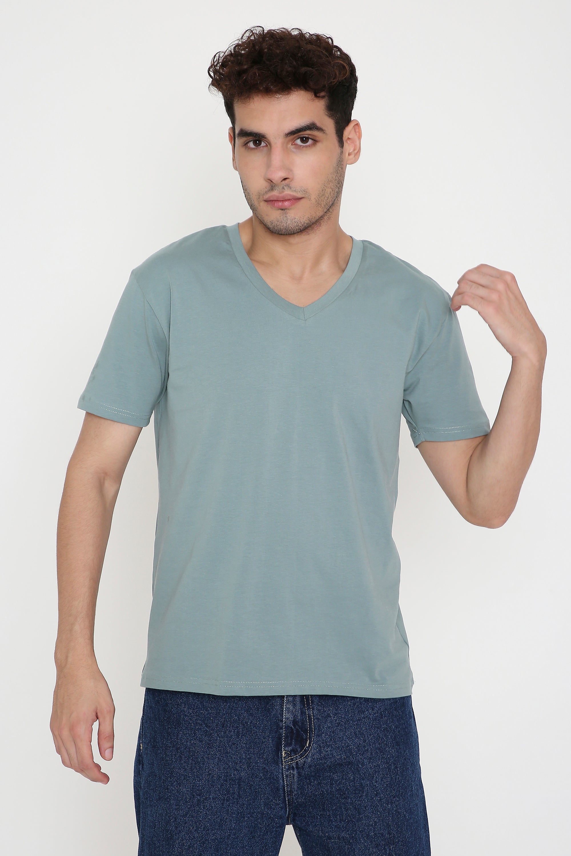 Plain V-Neck Half Sleeve Men's T-shirt in Teal Green