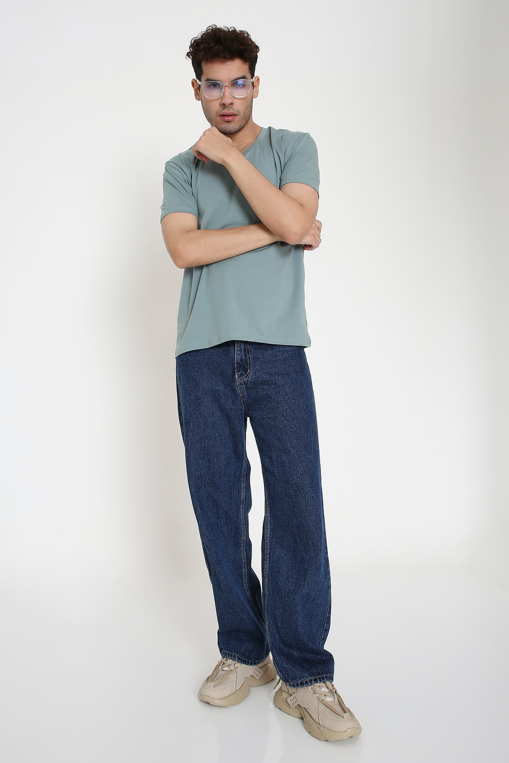 Plain V-Neck Half Sleeve Men's T-shirt in Teal Green